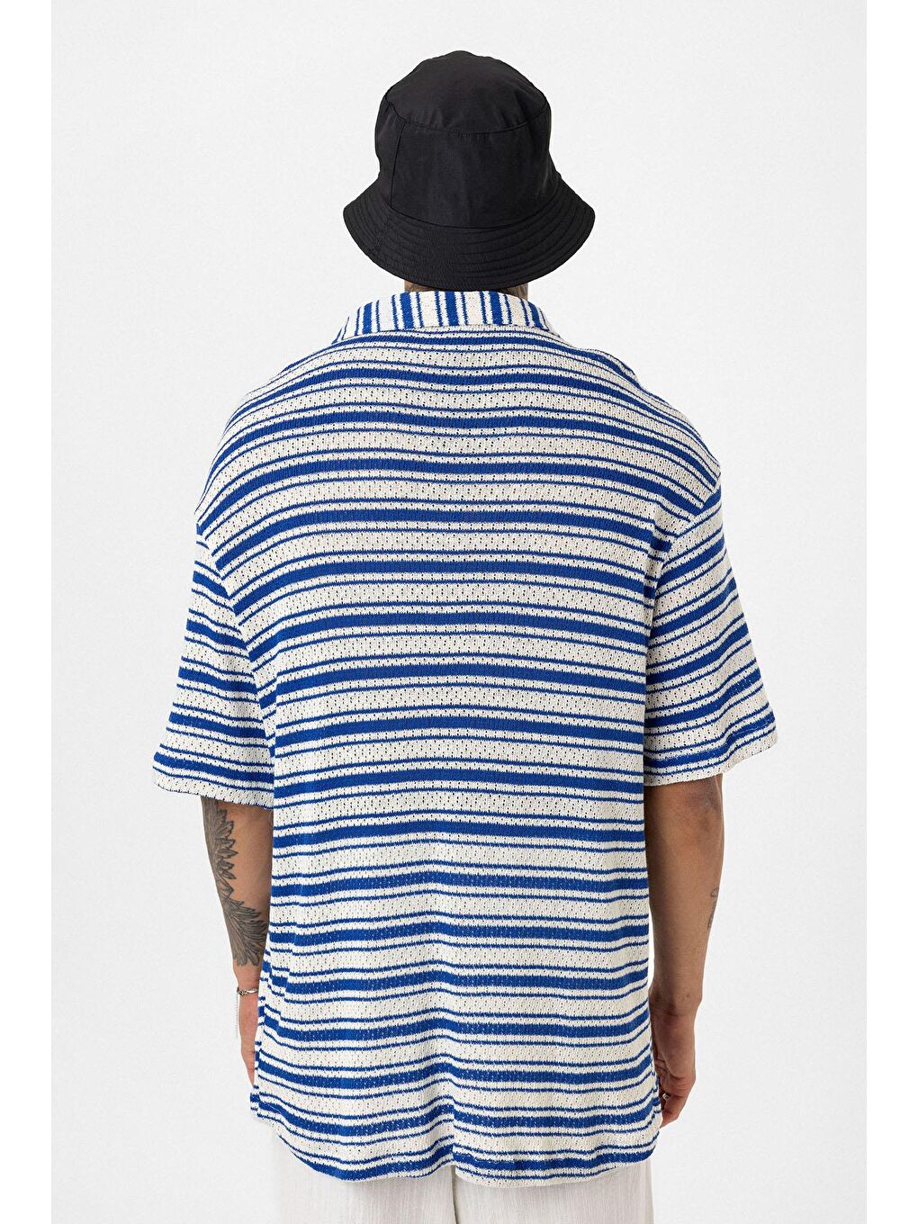 Mavi Oversize Çizgili Triko Gömlek Saks-4