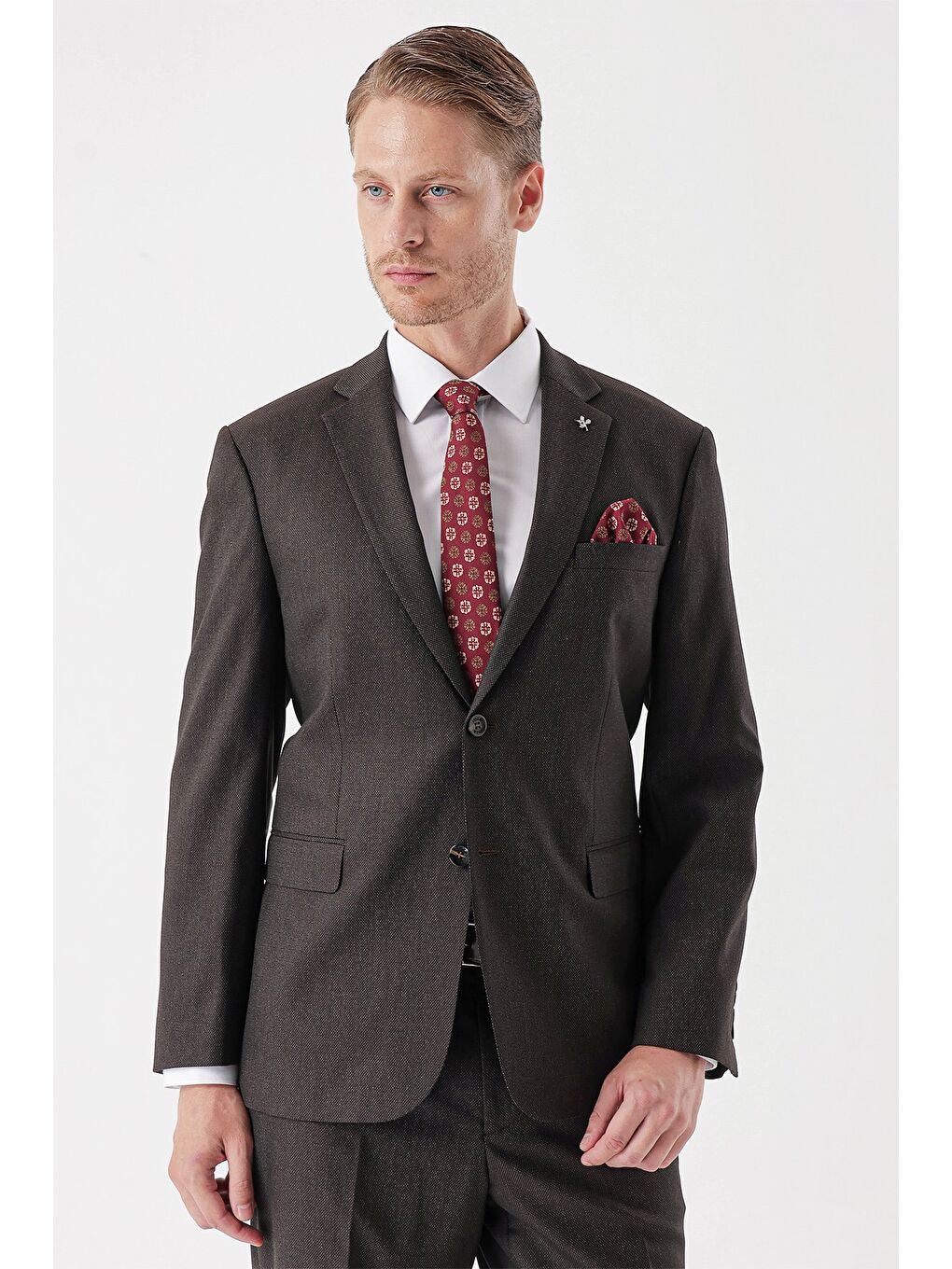 Koyu Kahverengi Armürlü Mono Yaka 4 Drop Comfort Fit Rahat Kesim Klasik Takım Elbise 1001235150-2