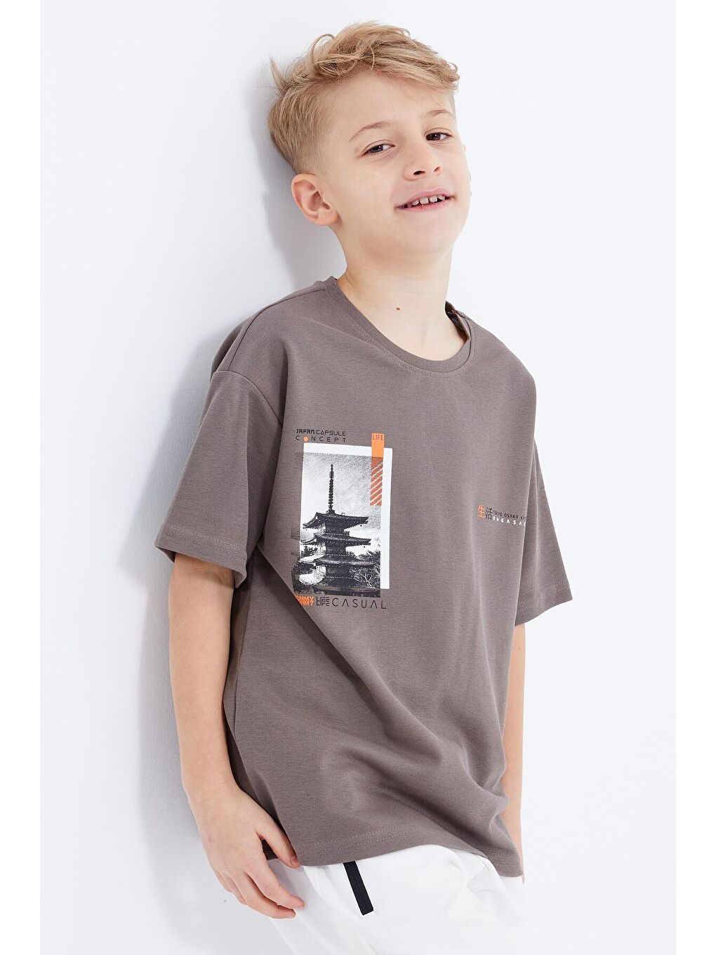 Kahverengi Camel Oversize Baskılı Kısa Kollu O Yaka Erkek Çocuk Tişört  - 10925