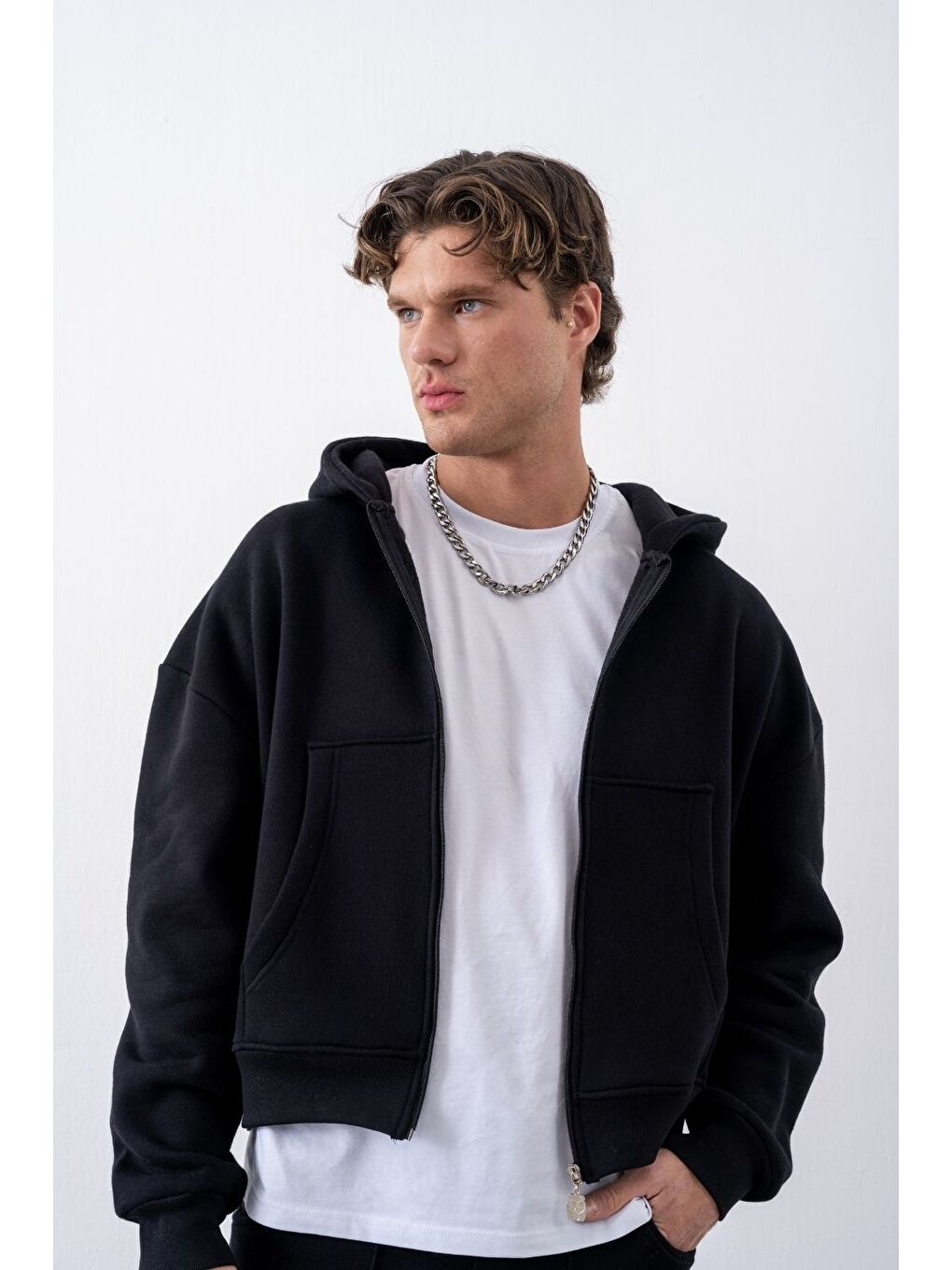 Bej Erkek Boxy Oversize Fermuarlı Chill Siyah Sweatshirt