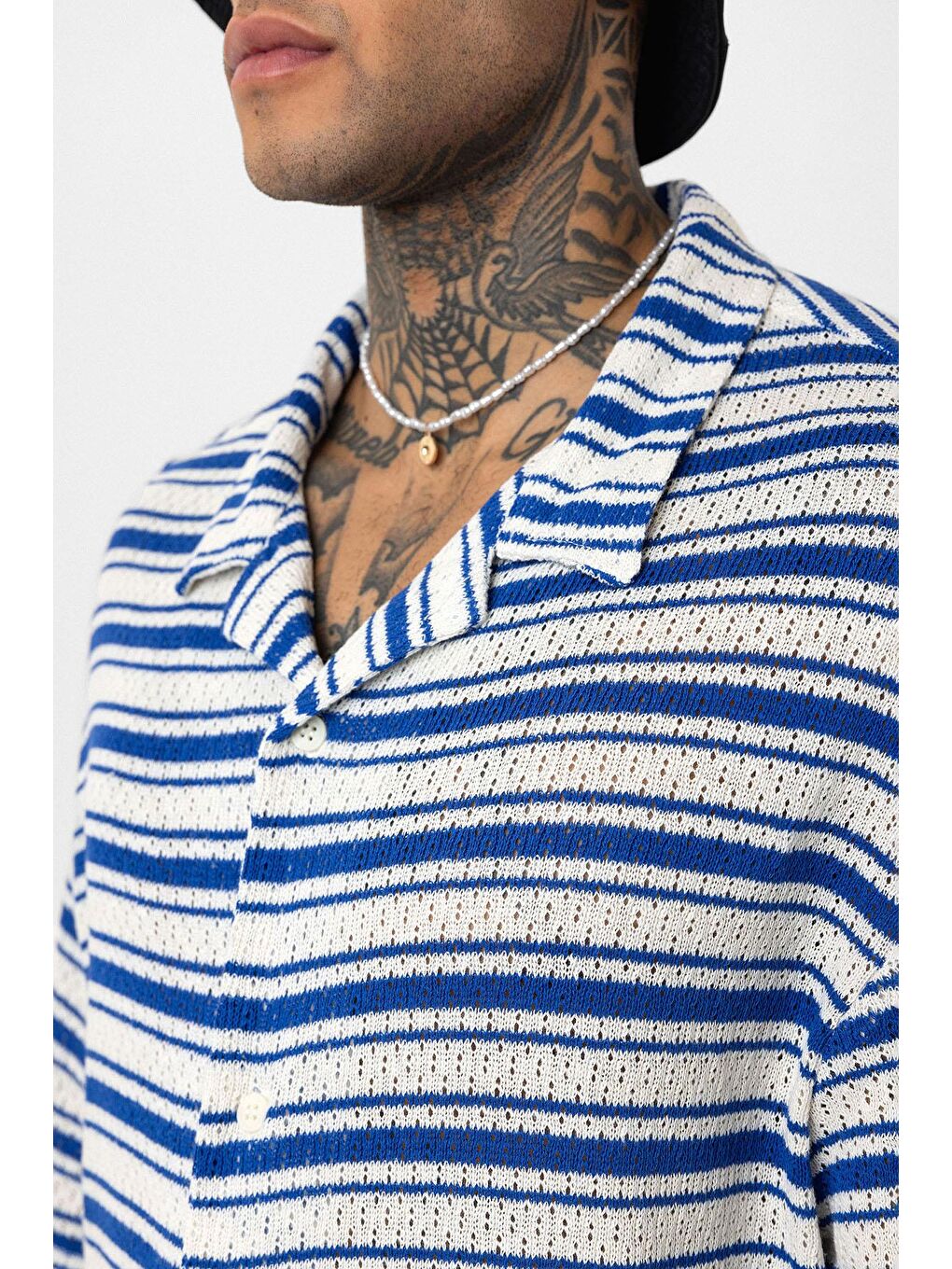 Mavi Oversize Çizgili Triko Gömlek Saks-5