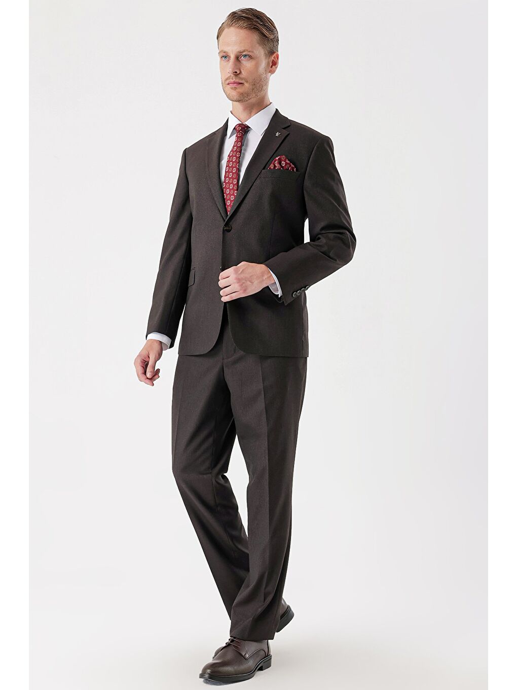 Koyu Kahverengi Armürlü Mono Yaka 4 Drop Comfort Fit Rahat Kesim Klasik Takım Elbise 1001235150-3