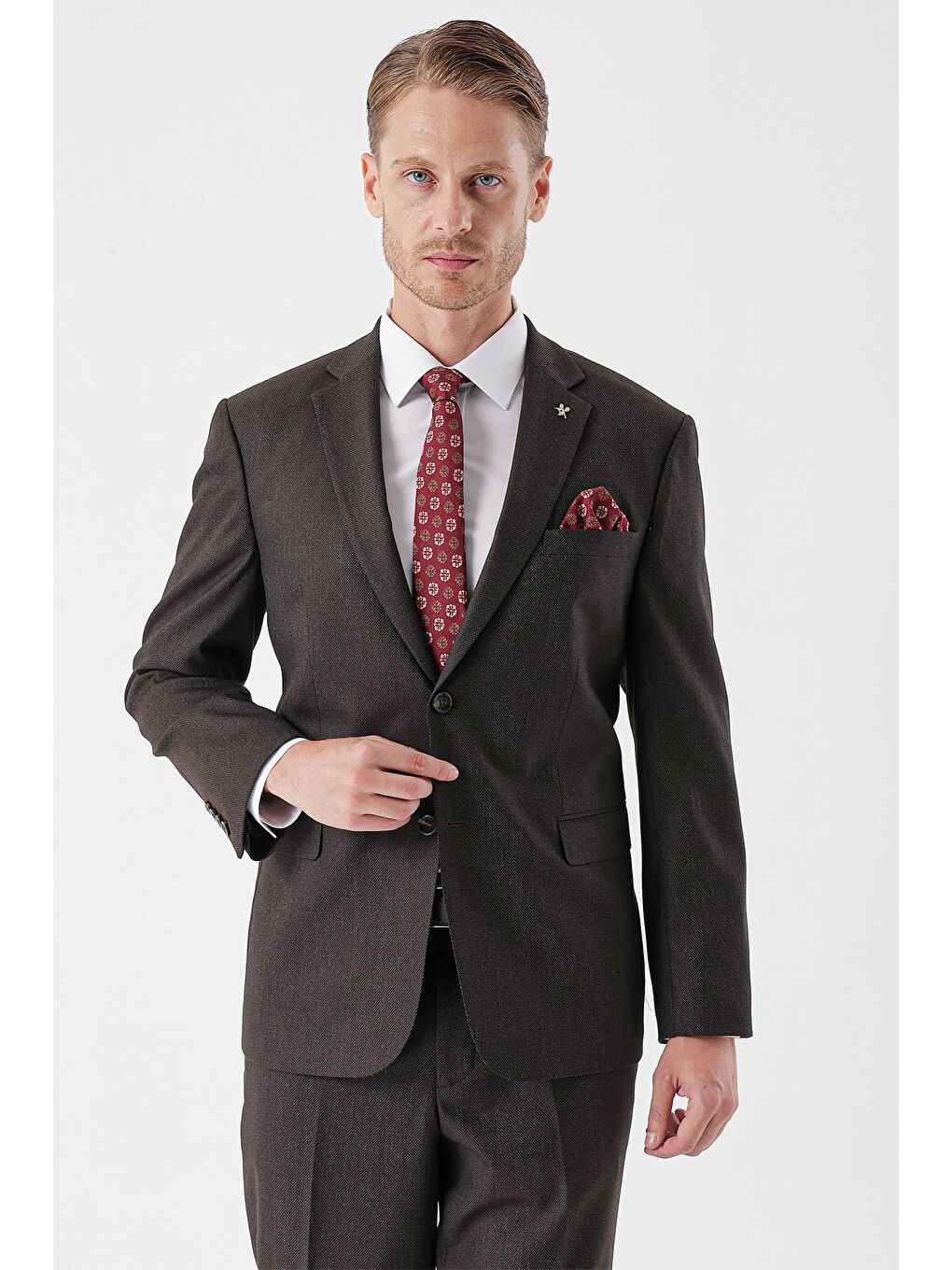 Koyu Kahverengi Armürlü Mono Yaka 4 Drop Comfort Fit Rahat Kesim Klasik Takım Elbise 1001235150-4