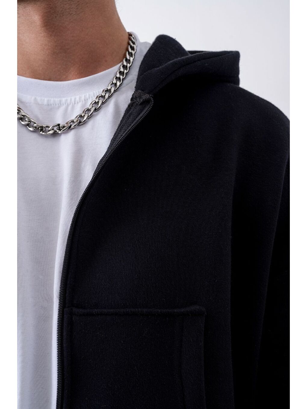 Bej Erkek Boxy Oversize Fermuarlı Chill Siyah Sweatshirt-1