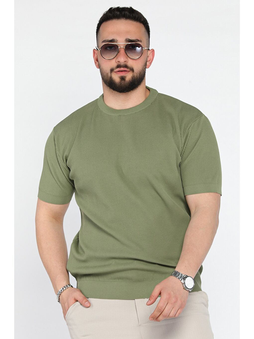 Haki Erkek Bisiklet Yaka Fitilli Tişört