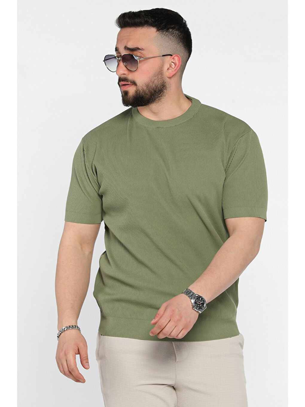 Haki Erkek Bisiklet Yaka Fitilli Tişört-1