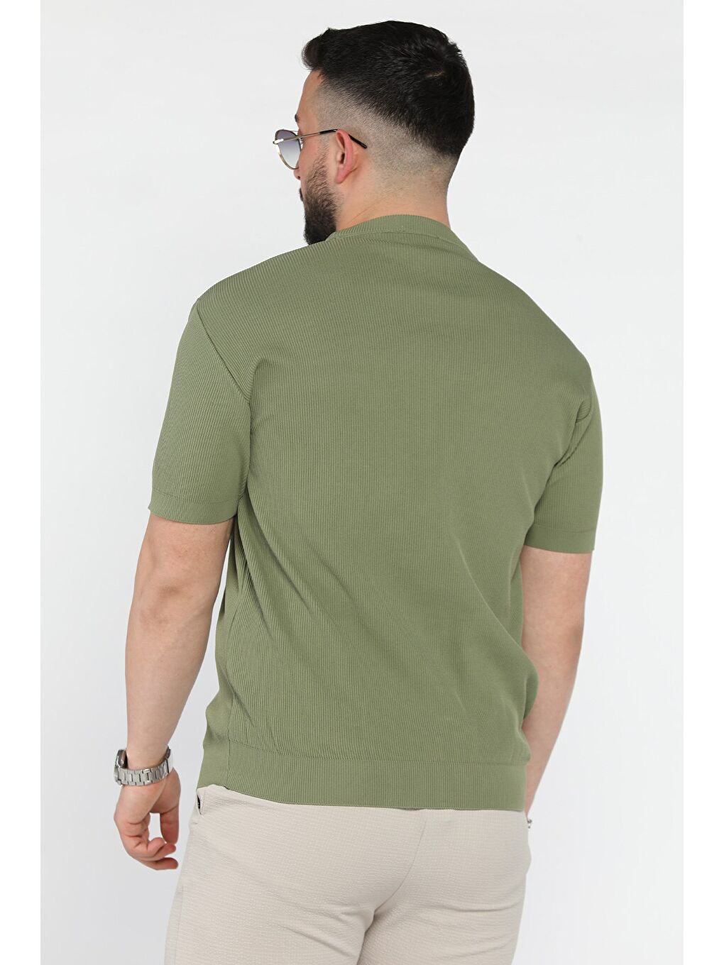 Haki Erkek Bisiklet Yaka Fitilli Tişört-2