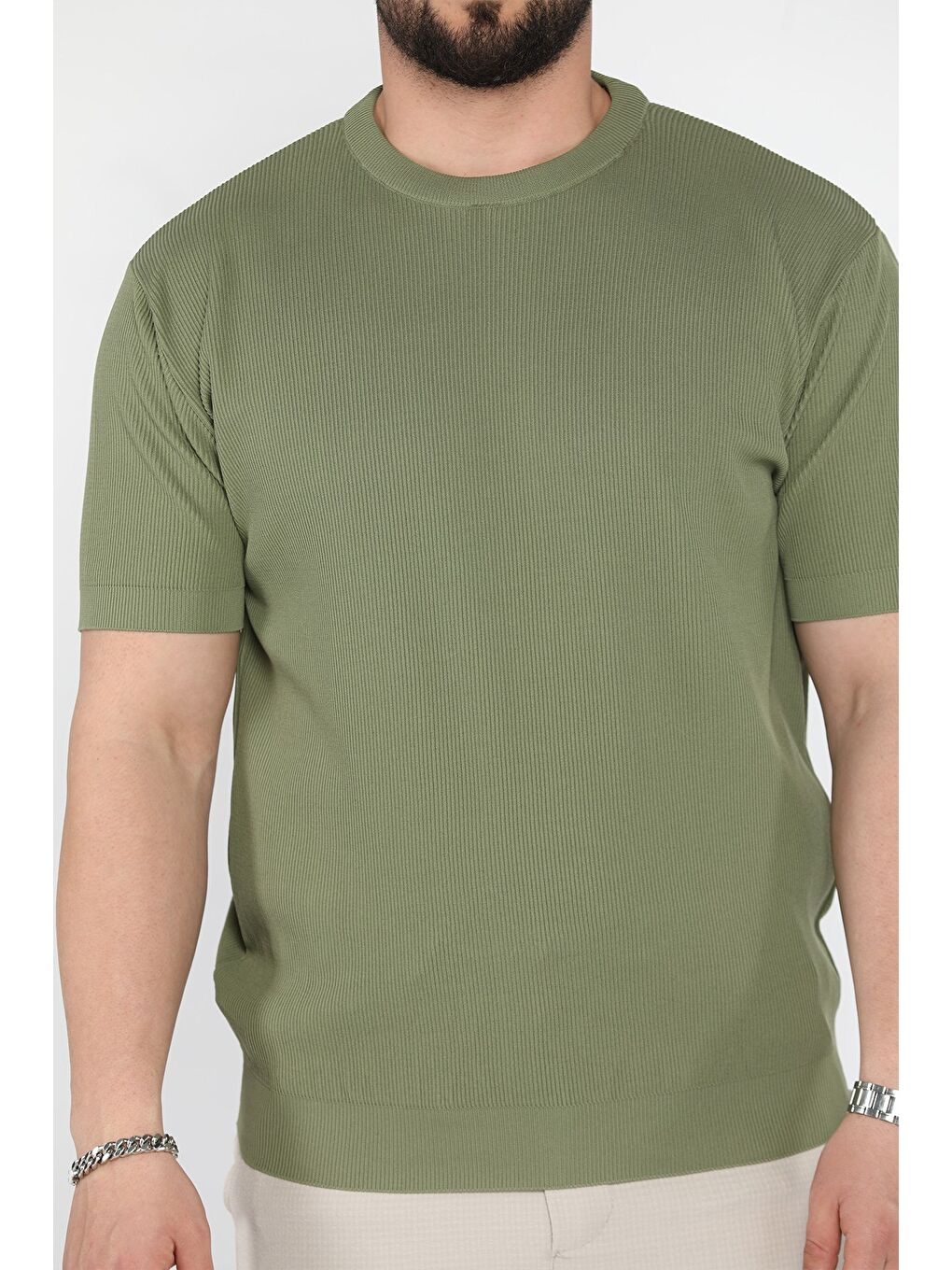 Haki Erkek Bisiklet Yaka Fitilli Tişört-3