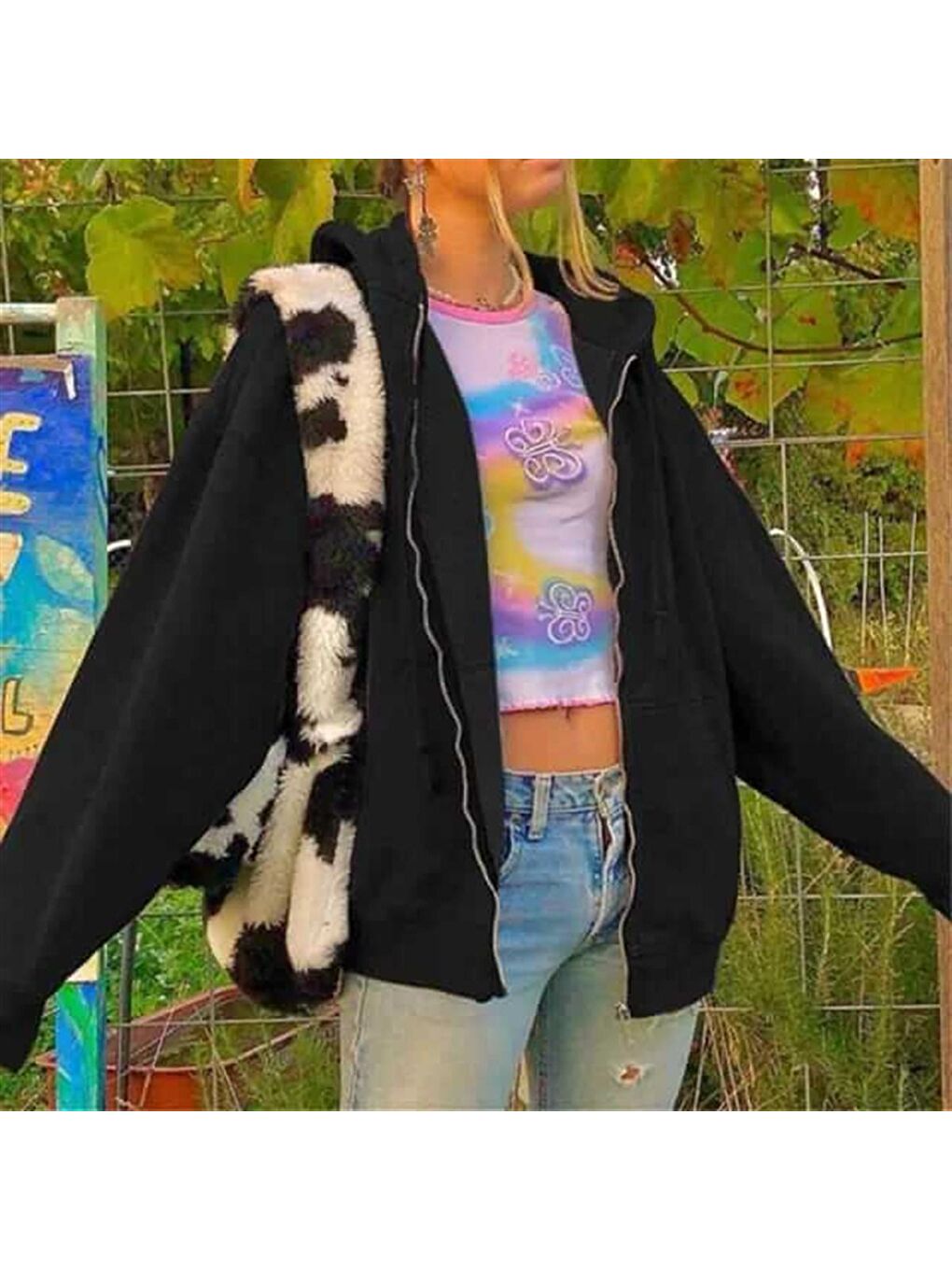 Touz Moda Siyah Sokak Tarzı Düz Oversize Siyah Unisex Kapüşonlu Hırka - 1