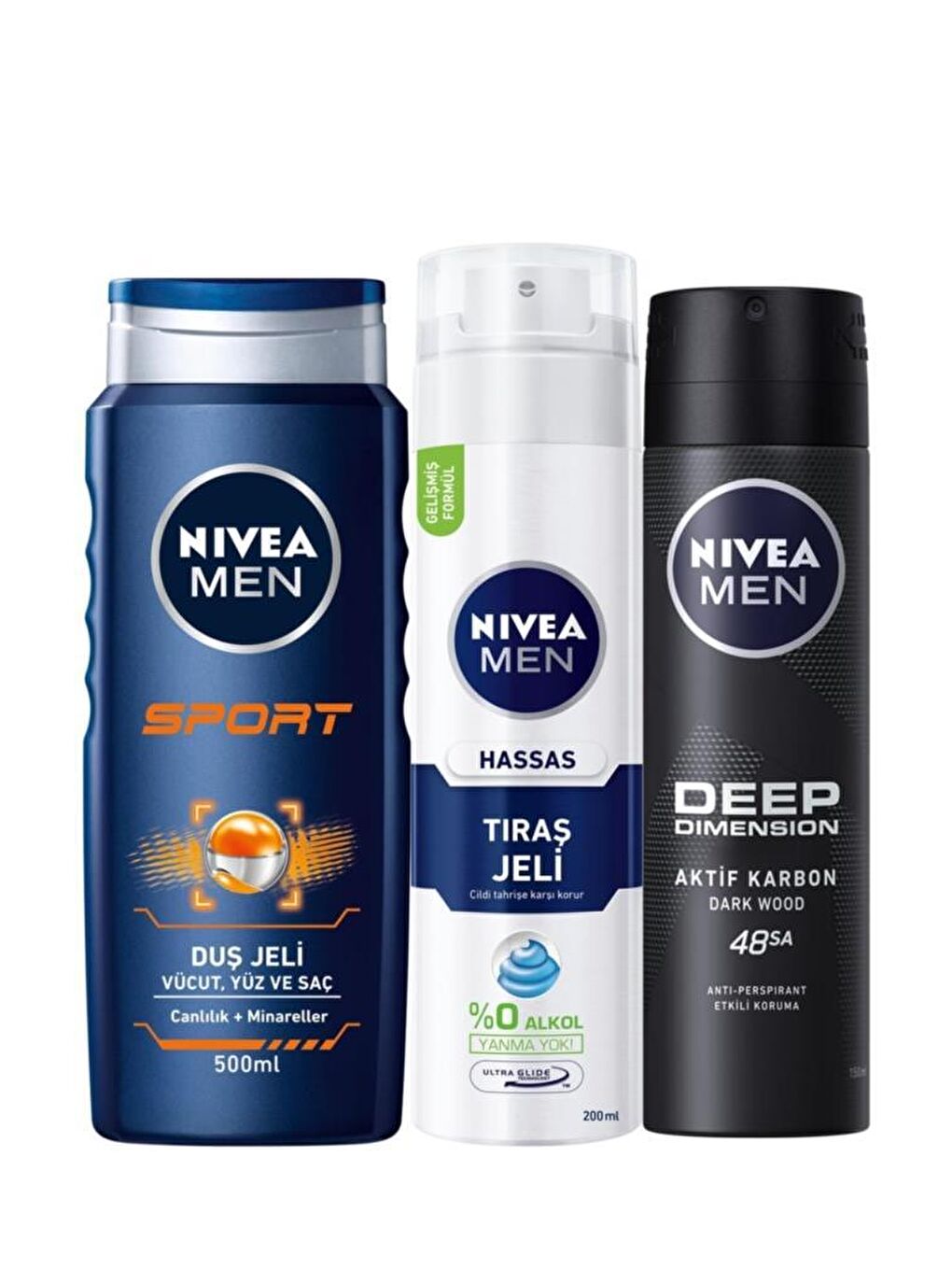 NIVEA Şeffaf Men Sport Saç Ve Vücut Şampuanı 500 ml Hassas Tıraş Jeli 200 ml Deodorant Sprey 150 ml