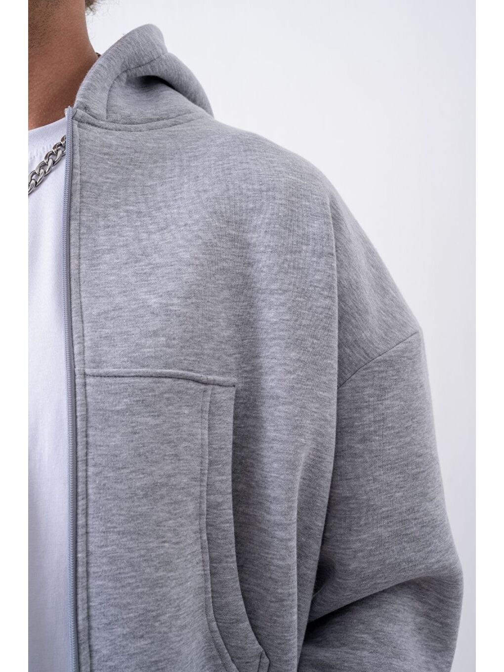 Bej Erkek Boxy Oversize Fermuarlı Chill Gri Sweatshirt-2