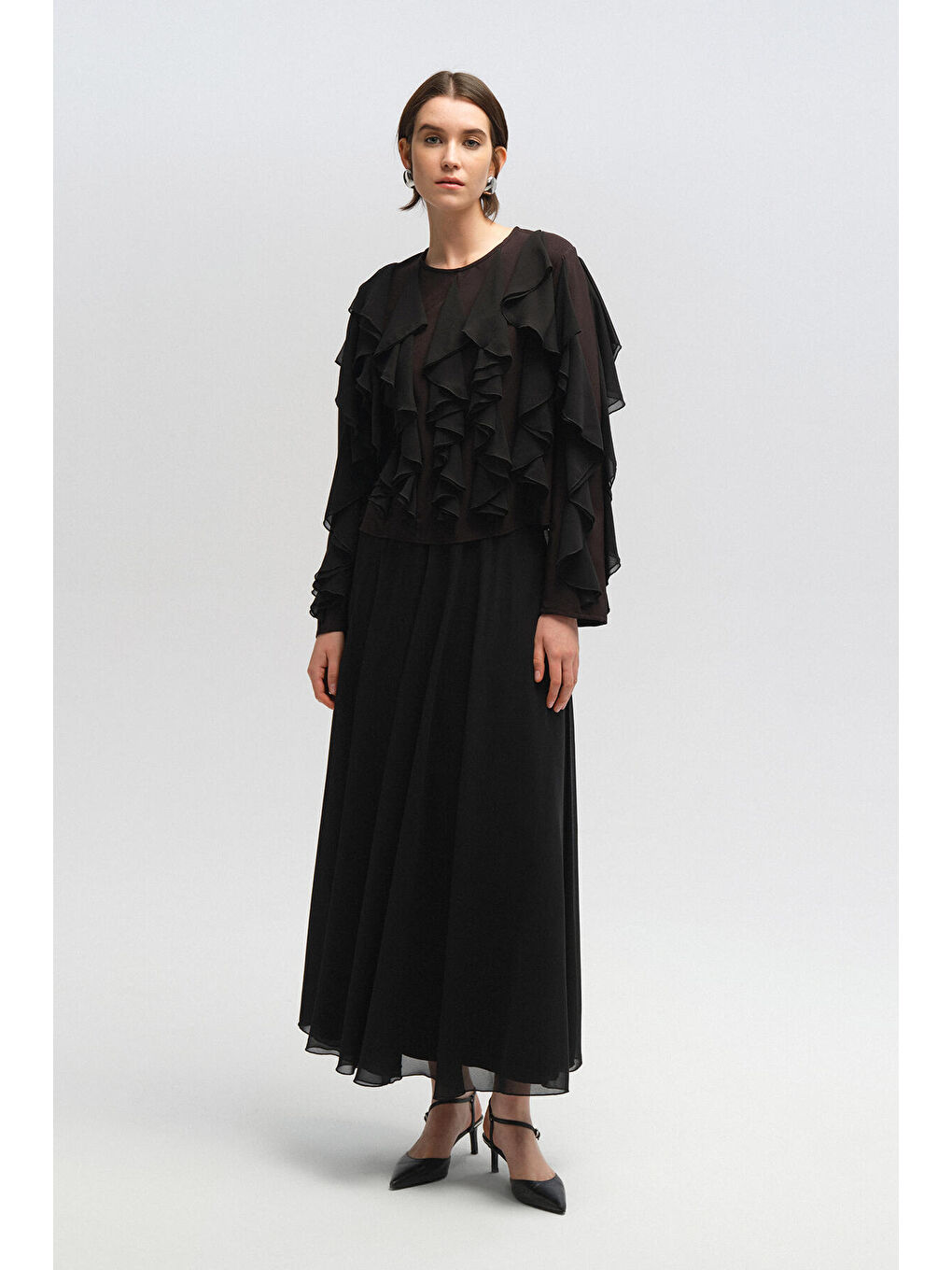 Siyah Volanlı Şifon Bluz-1