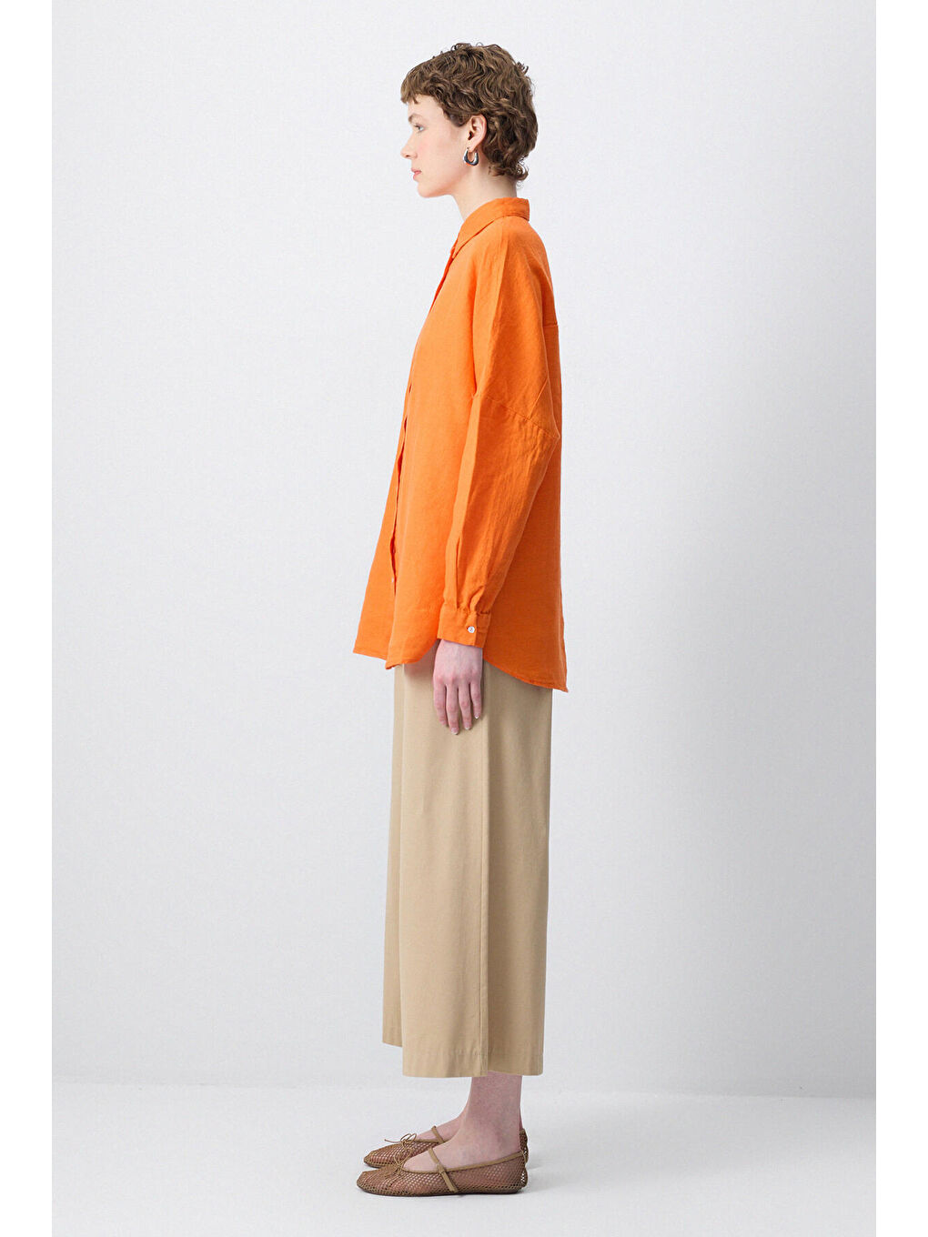 Turuncu %100 Keten T Kol Oversıze Gömlek-2