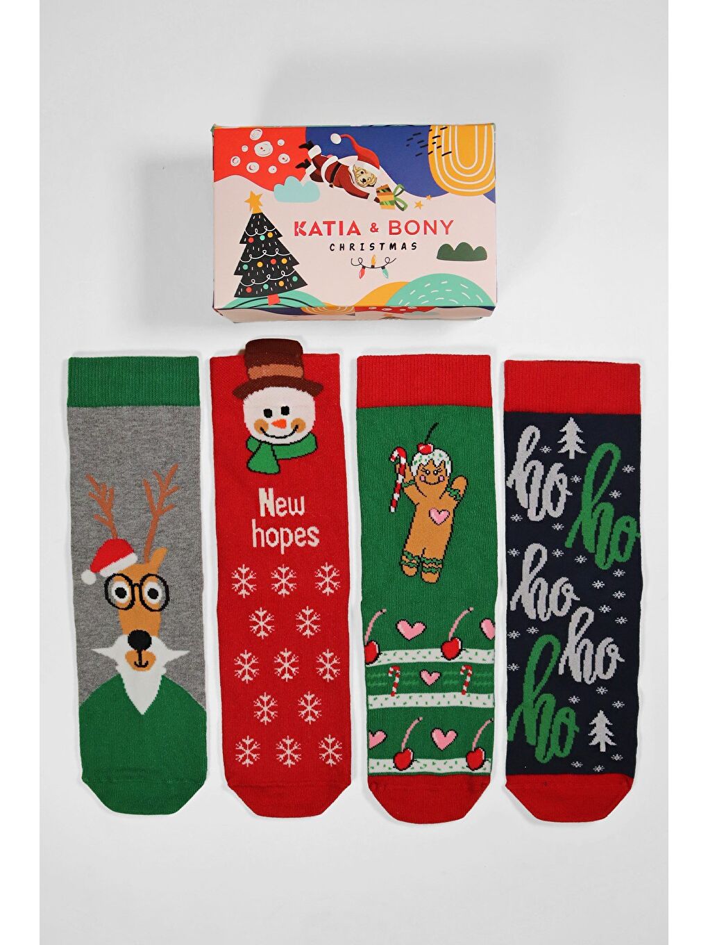 Karışık 4'lü Paket Christmas Box Art Yılbaşı Temalı Soket Çorap Desenli