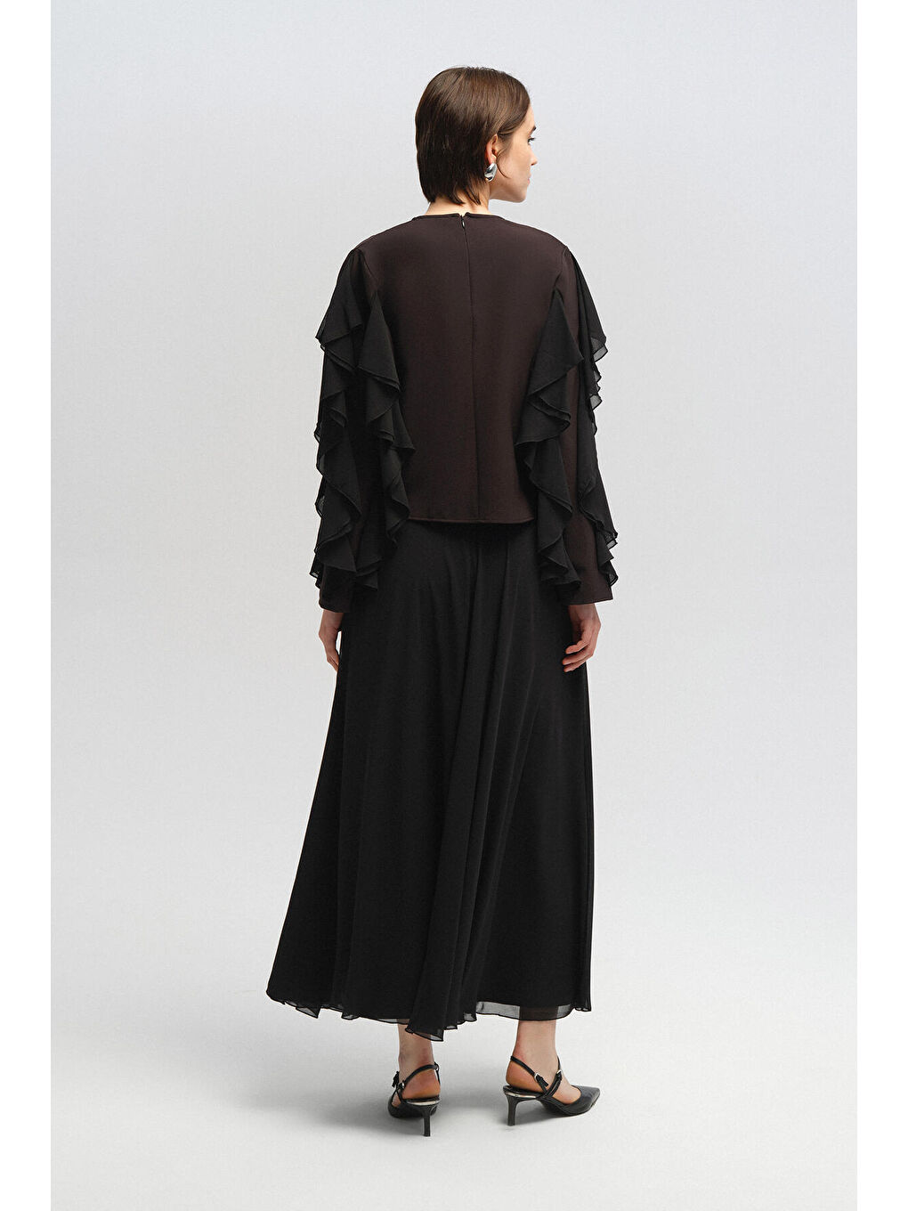 Siyah Volanlı Şifon Bluz-4