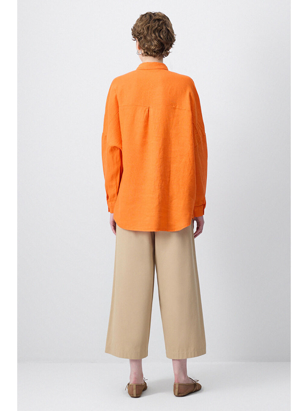 Turuncu %100 Keten T Kol Oversıze Gömlek-3