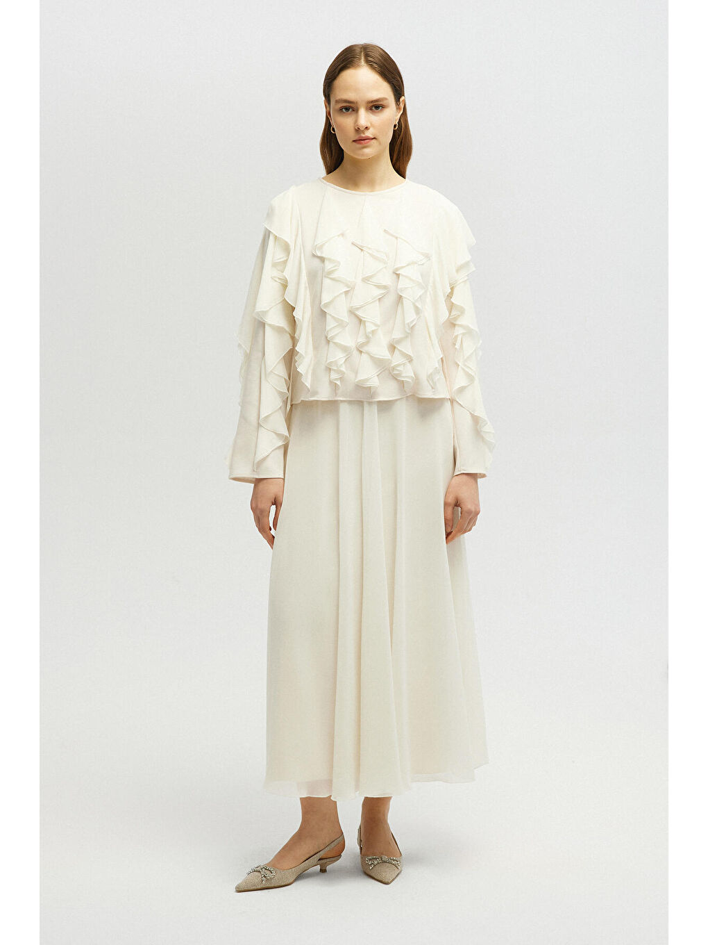 Ekru Volanlı Şifon Bluz-1