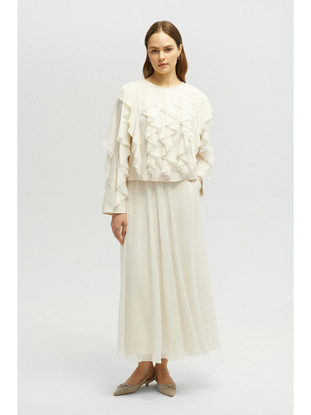 Ekru Volanlı Şifon Bluz-2