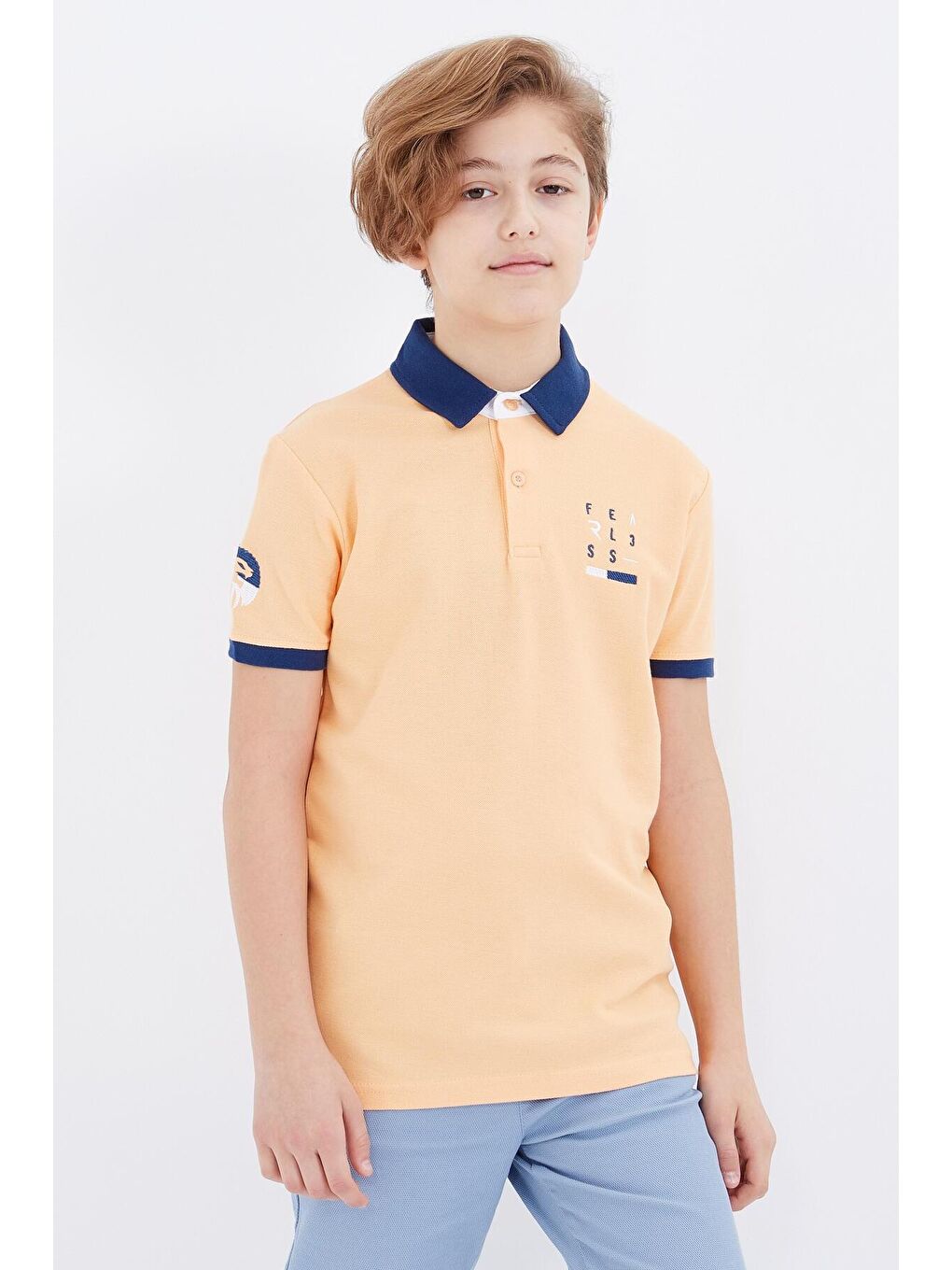 Turuncu Kavun Içi Nakış Detaylı Kısa Kollu Polo Yaka Erkek Çocuk Tişört  - 10893