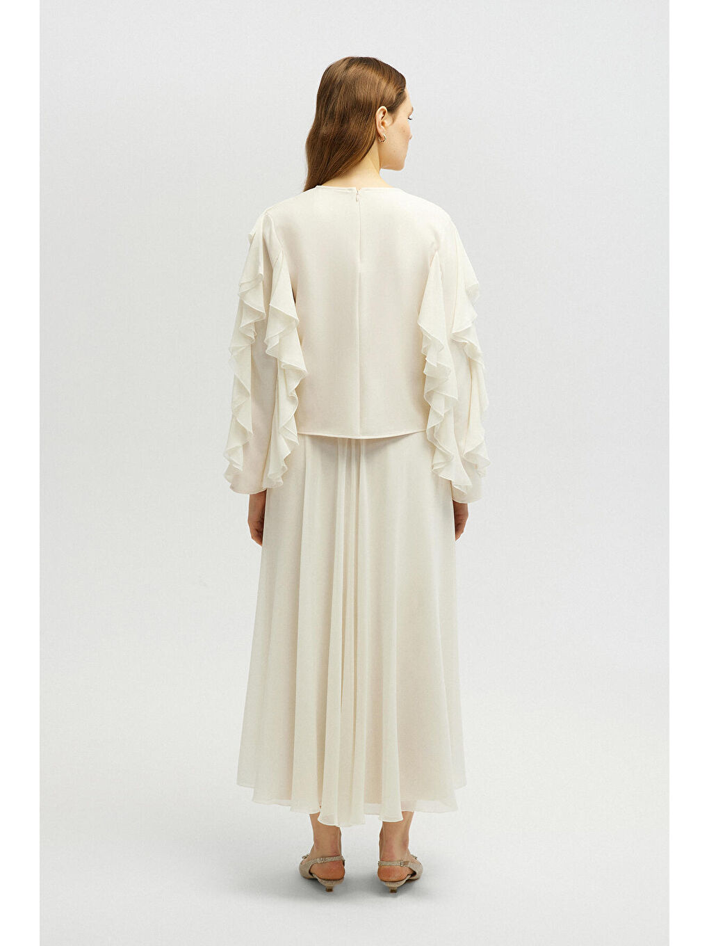 Ekru Volanlı Şifon Bluz-4