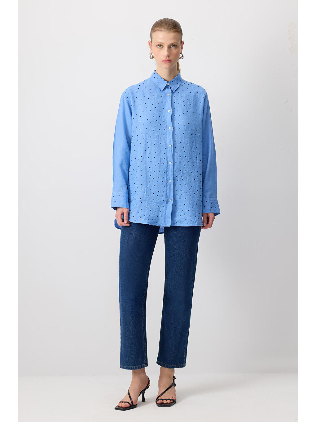 Mavi %100 Keten Taş İşlemeli Oversıze Gömlek