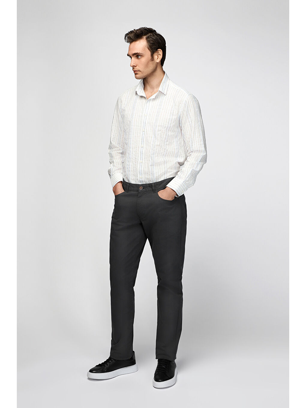 Gri Regular Fit Elastanlı Kanvas / Chino Pantolon-1