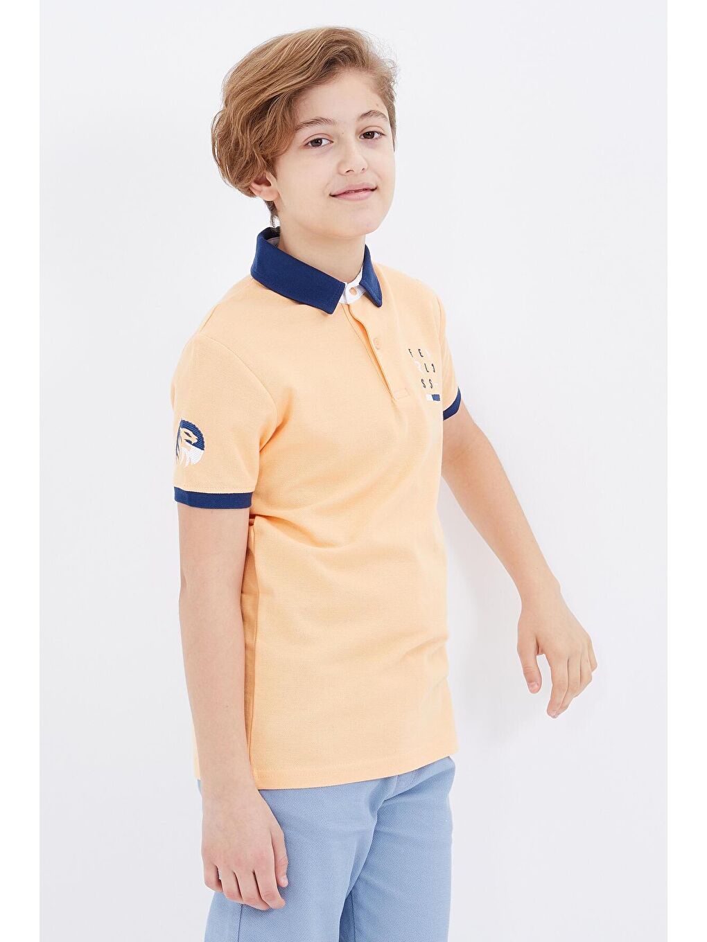 Turuncu Kavun Içi Nakış Detaylı Kısa Kollu Polo Yaka Erkek Çocuk Tişört  - 10893-4