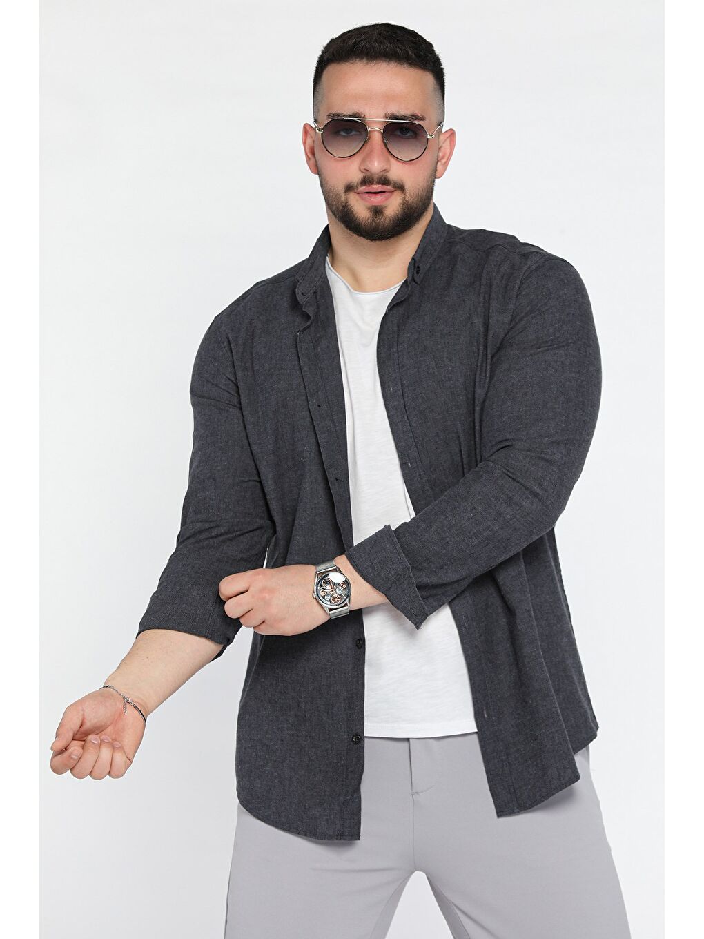 Gri Uzun Kol Erkek Keten Gömlek