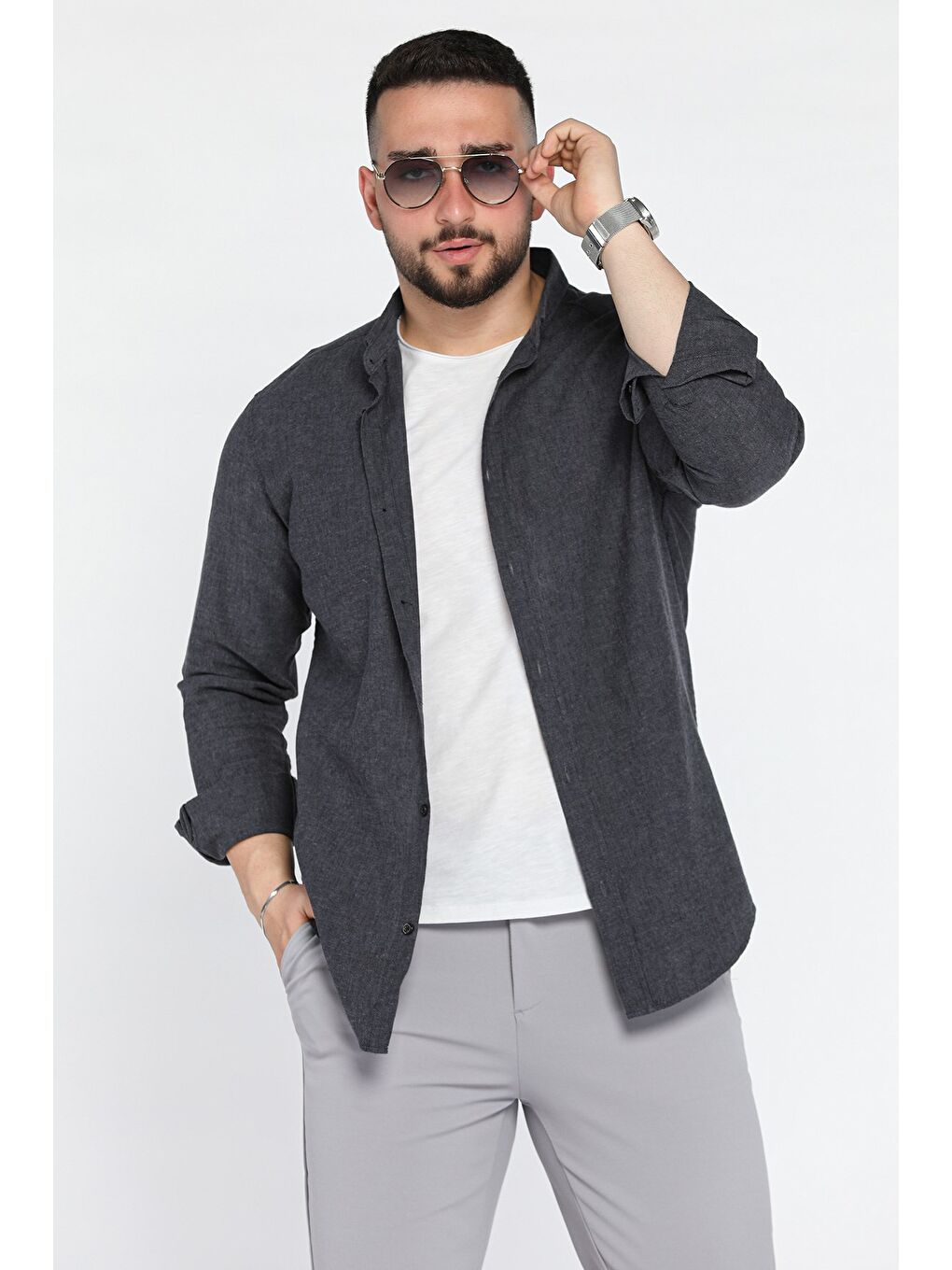 Gri Uzun Kol Erkek Keten Gömlek-1