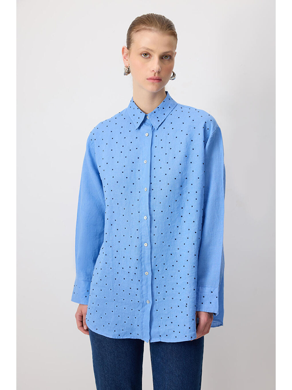 Mavi %100 Keten Taş İşlemeli Oversıze Gömlek-1
