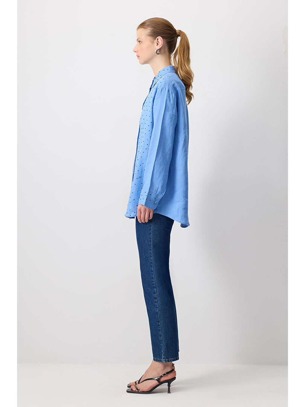 Mavi %100 Keten Taş İşlemeli Oversıze Gömlek-2
