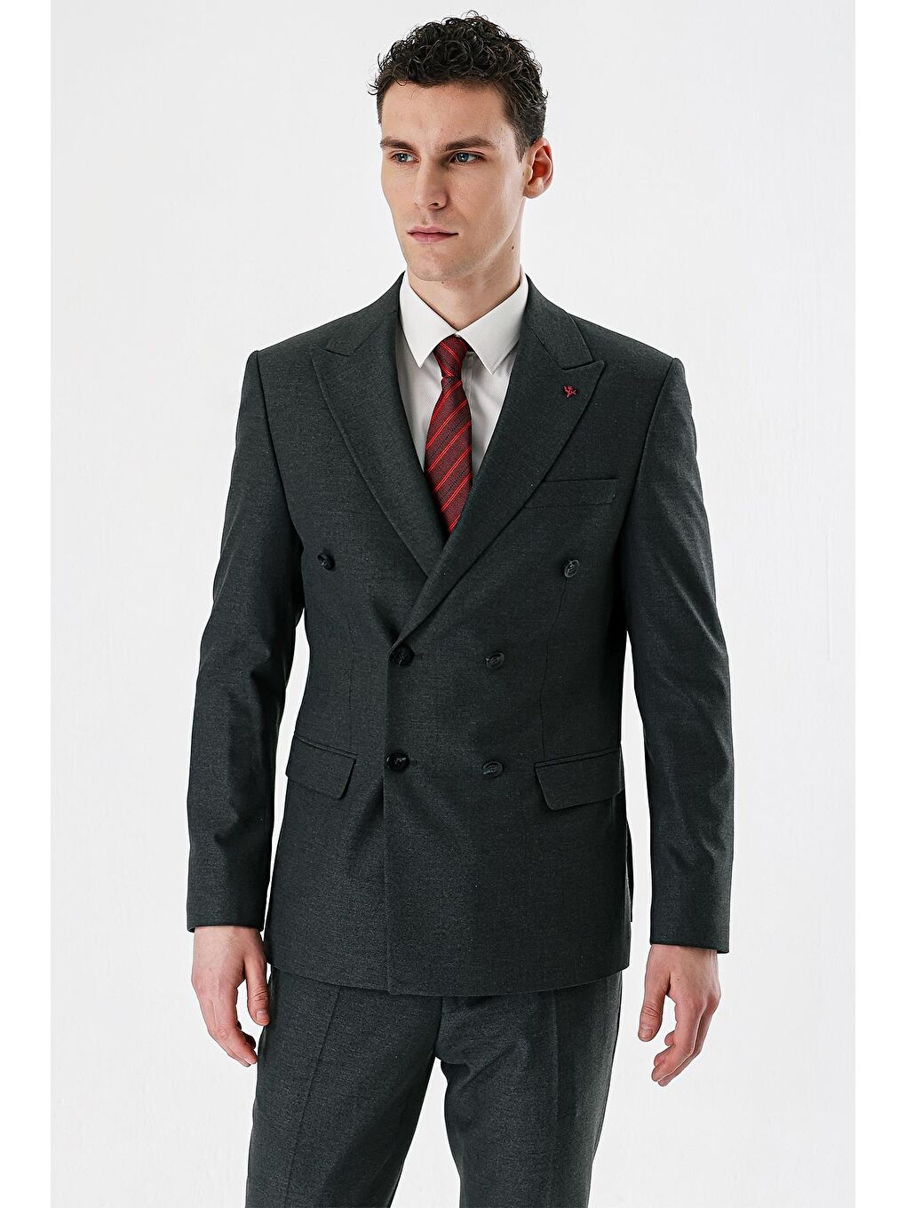 Koyu Antrasit Kırlangıç Yaka Kruvaze Elastanlı 6 Drop Slim Fit Klasik Takım Elbise 1001240166-3