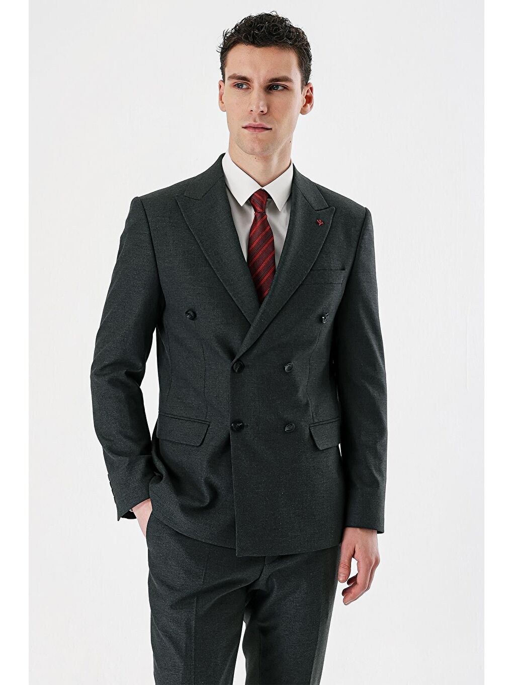 Koyu Antrasit Kırlangıç Yaka Kruvaze Elastanlı 6 Drop Slim Fit Klasik Takım Elbise 1001240166-4
