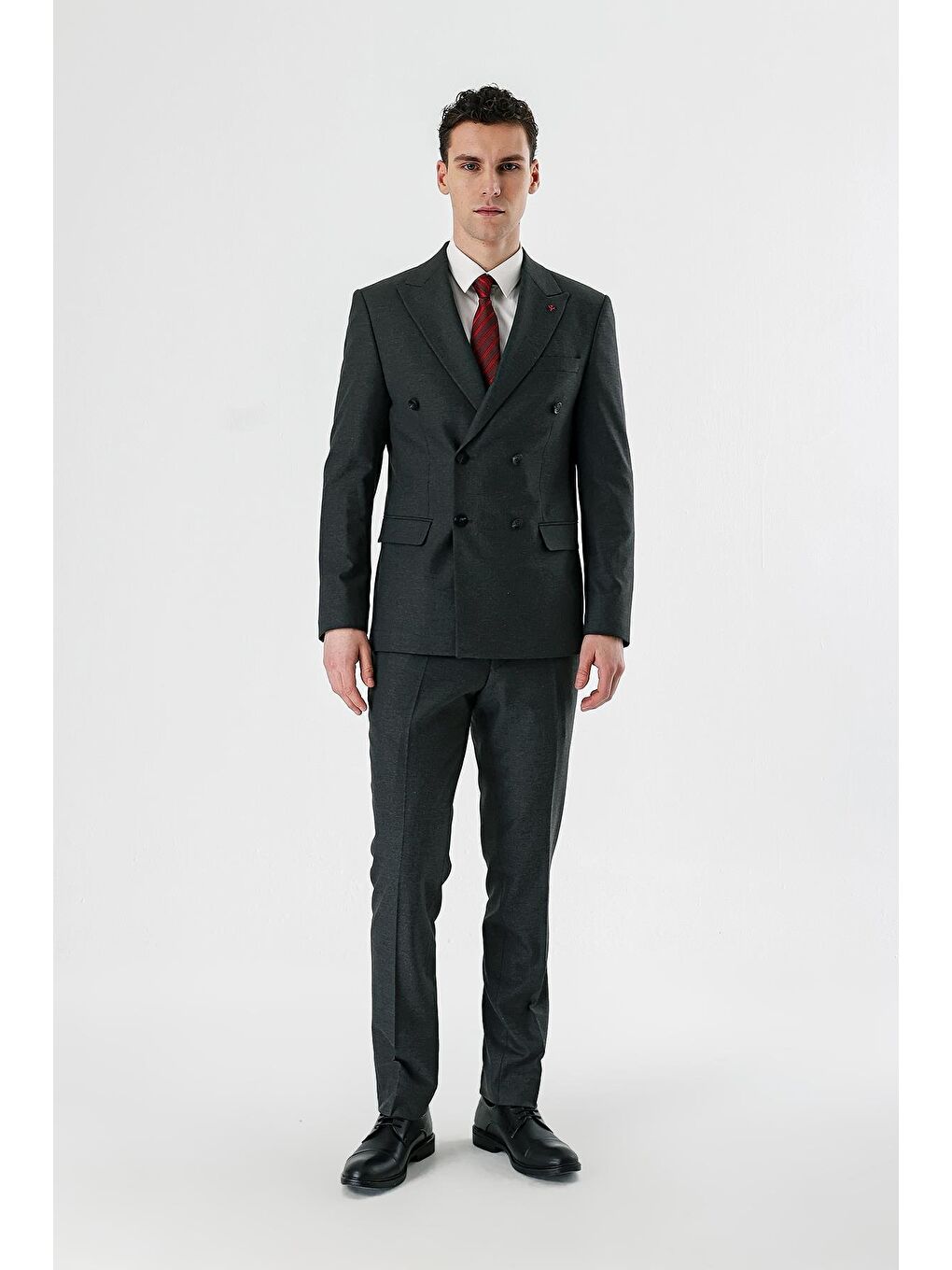 Koyu Antrasit Kırlangıç Yaka Kruvaze Elastanlı 6 Drop Slim Fit Klasik Takım Elbise 1001240166-5