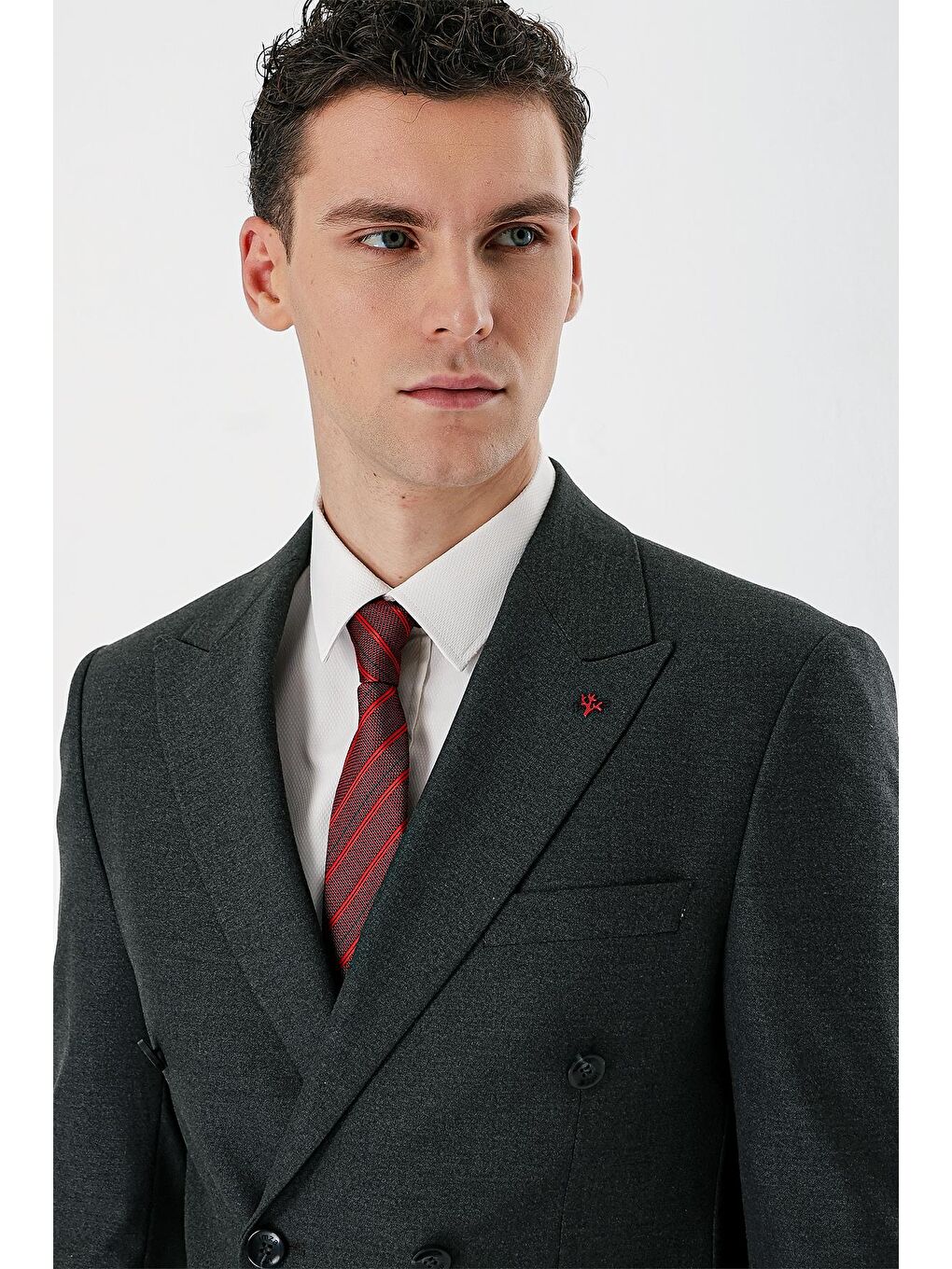Koyu Antrasit Kırlangıç Yaka Kruvaze Elastanlı 6 Drop Slim Fit Klasik Takım Elbise 1001240166-7