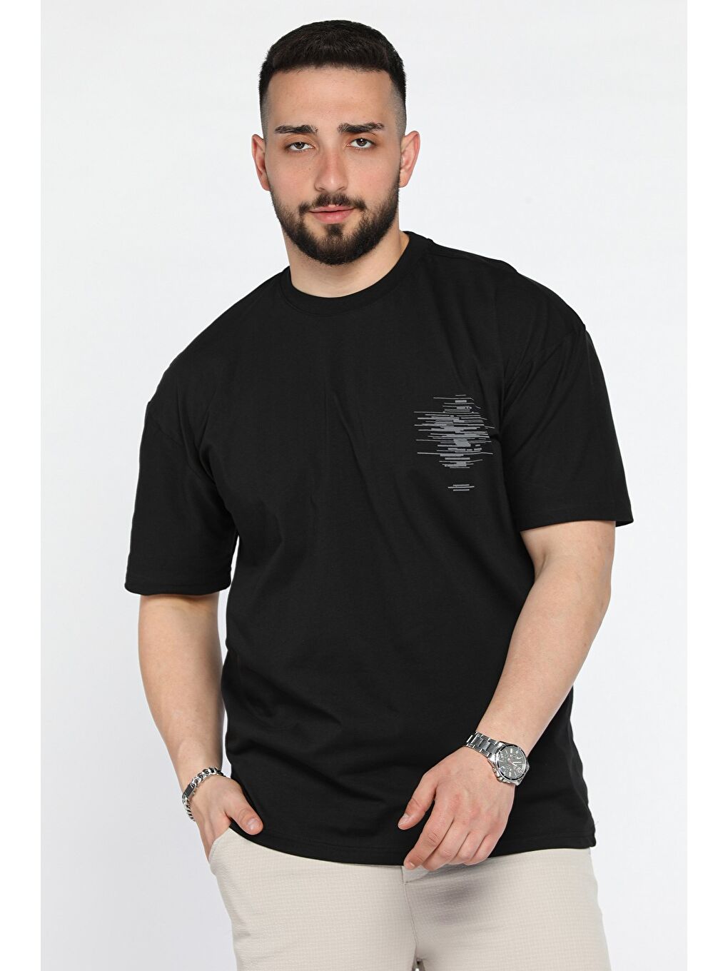 Siyah Baskılı Bisiklet Yaka Erkek Tişört