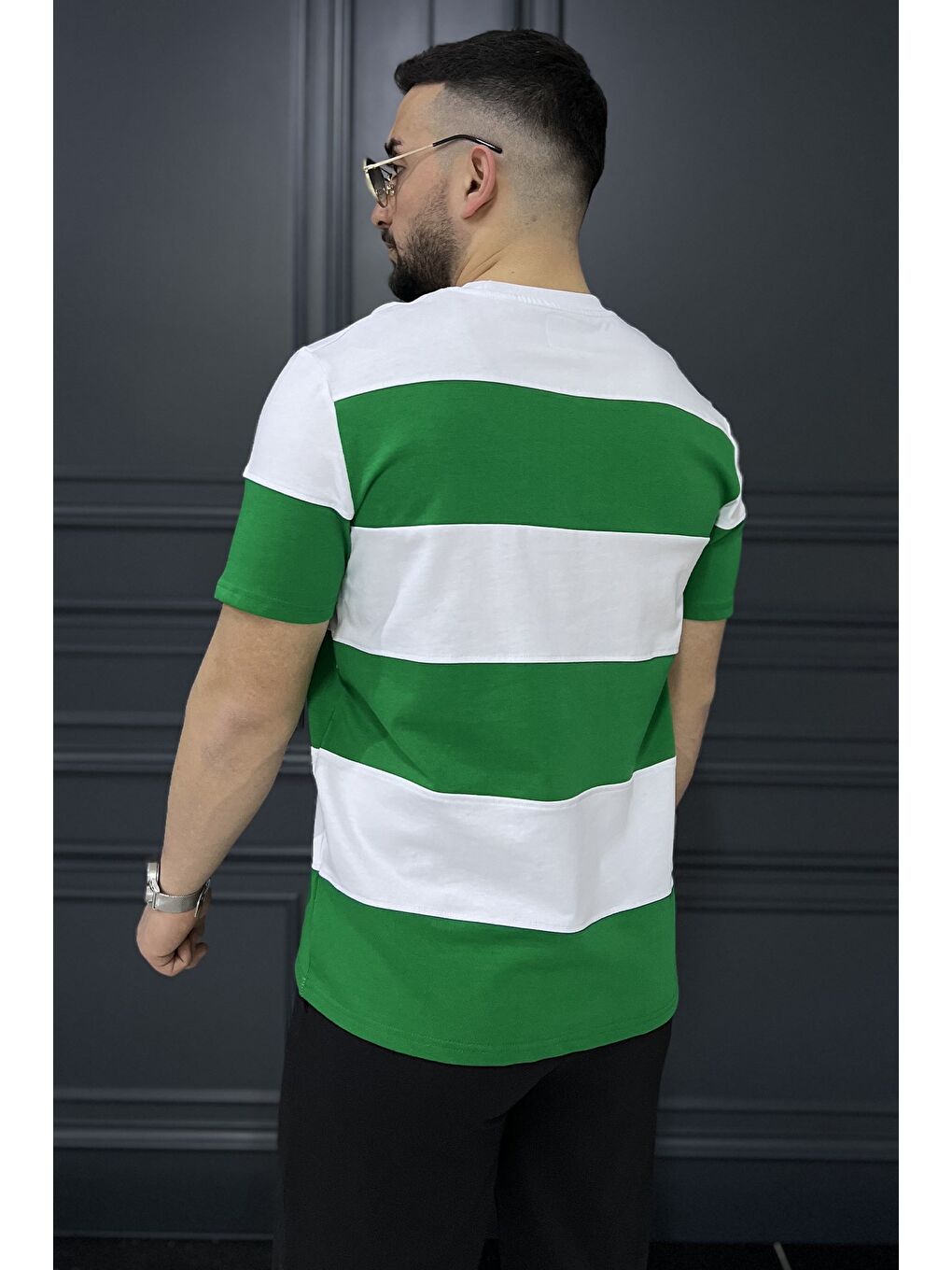 Yeşil Bisiklet Yaka Parçalı Erkek Tişört-2