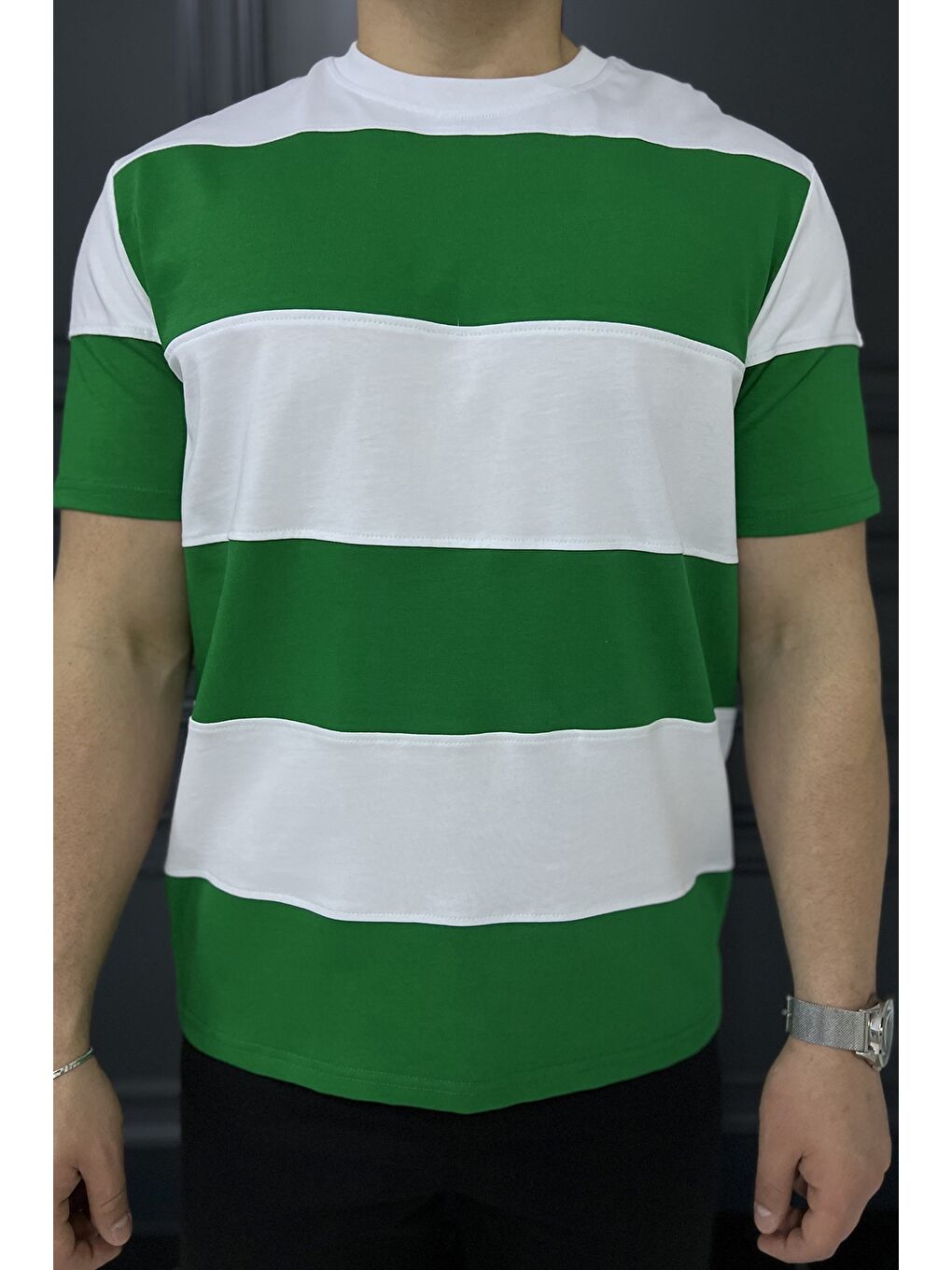 Yeşil Bisiklet Yaka Parçalı Erkek Tişört-3