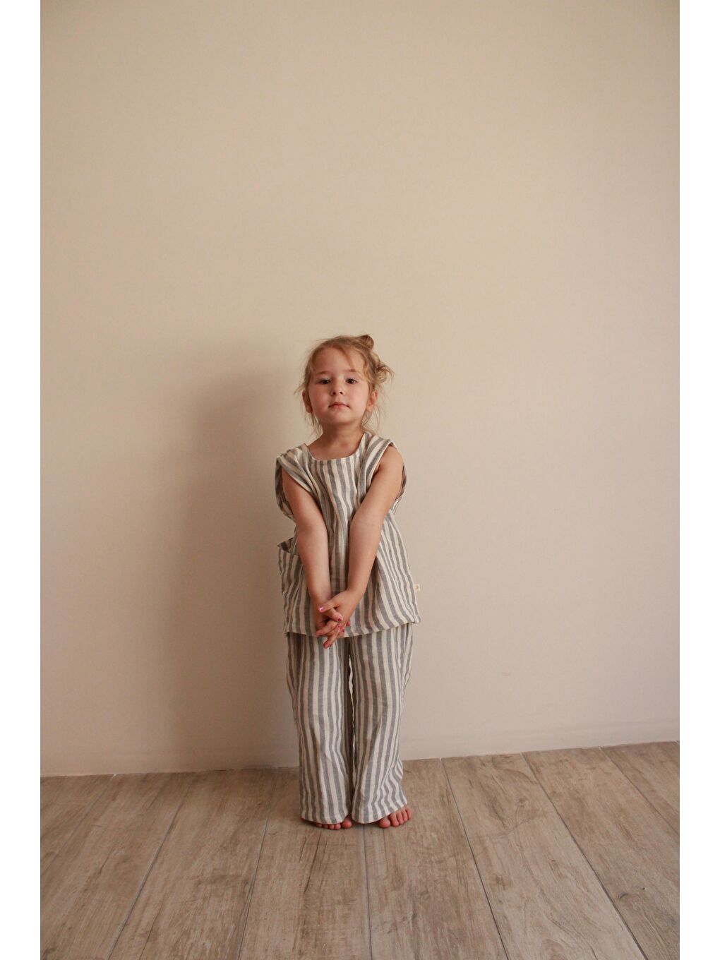 Gri Çizgili Asimetrik Cepli Müslin Takım-1