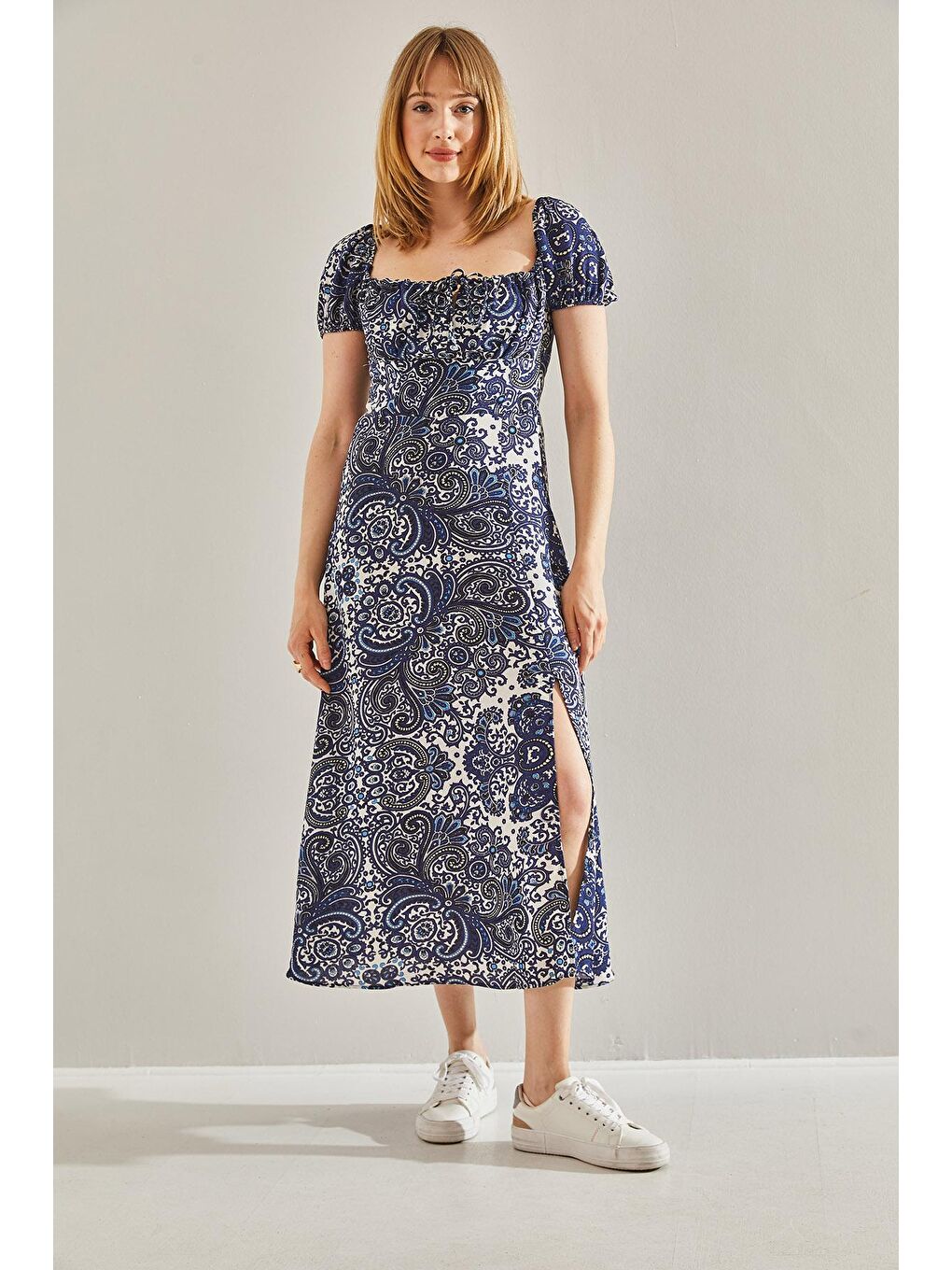 Mavi Kadın Bağlama Yakalı Yırtmaç Detaylı Gizli Fermuarlı Elbise-1