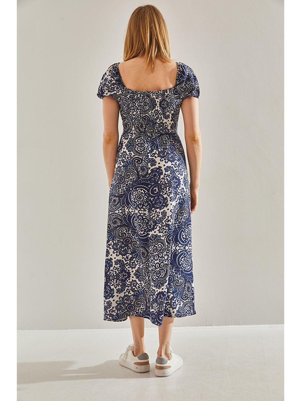 Mavi Kadın Bağlama Yakalı Yırtmaç Detaylı Gizli Fermuarlı Elbise-2