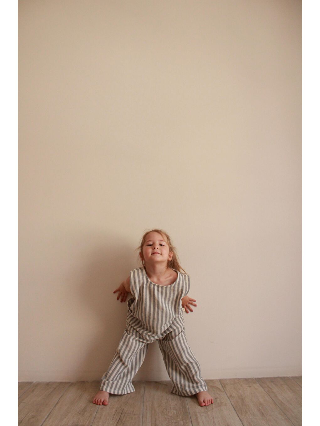 Gri Çizgili Asimetrik Cepli Müslin Takım-5