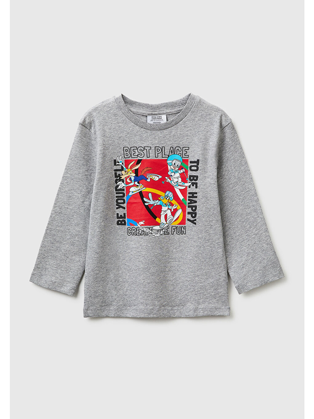 Erkek Çocuk Gri melanj Önü ve Arkası Baskı Detaylı Bisiklet Yaka Uzun Kollu T-Shirt