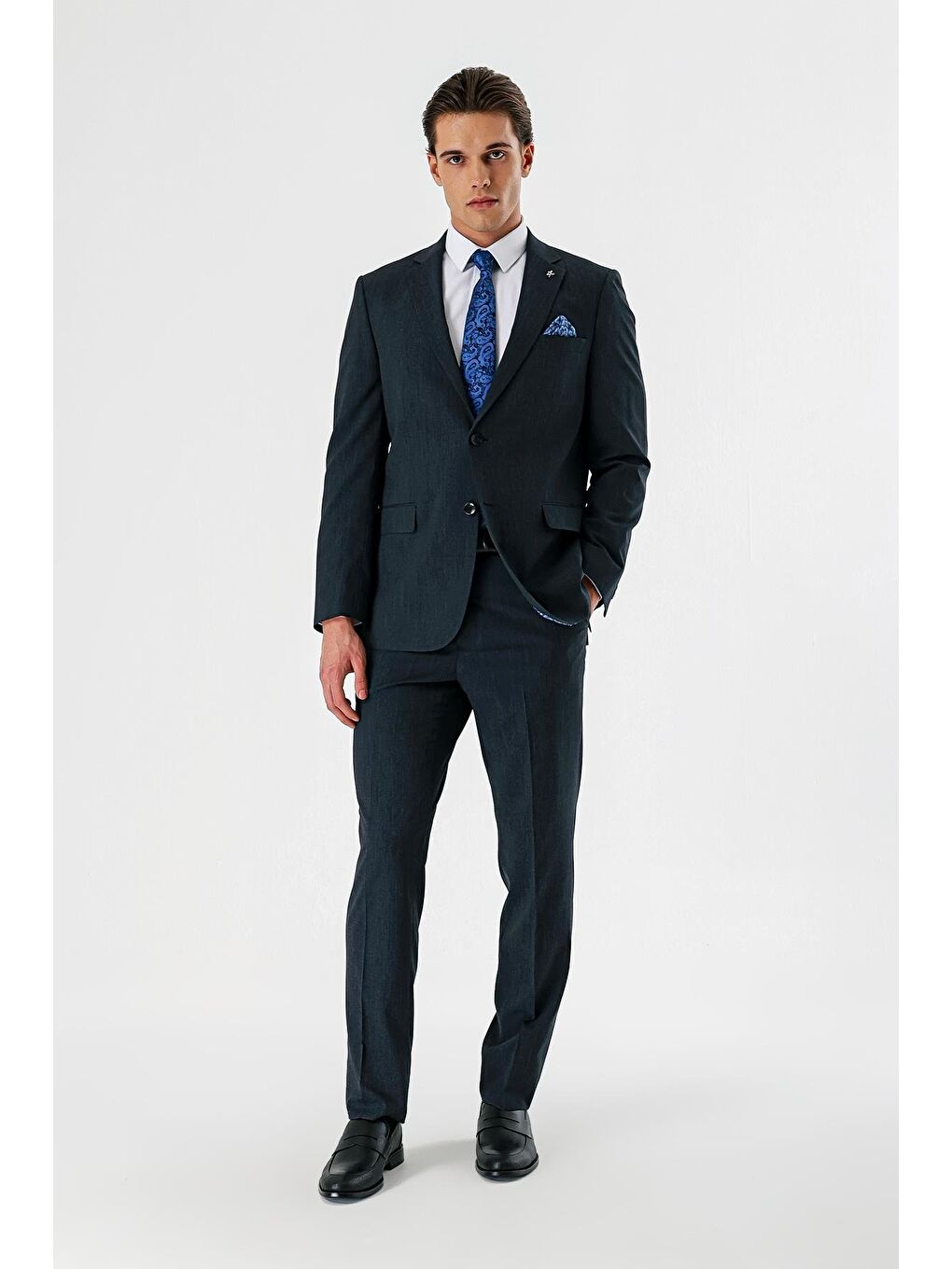 Koyu Lacivert Mono Yaka Elastanlı 6 Drop Comfort Fit Rahat Kesim Klasik Takım Elbise 1001240153-1