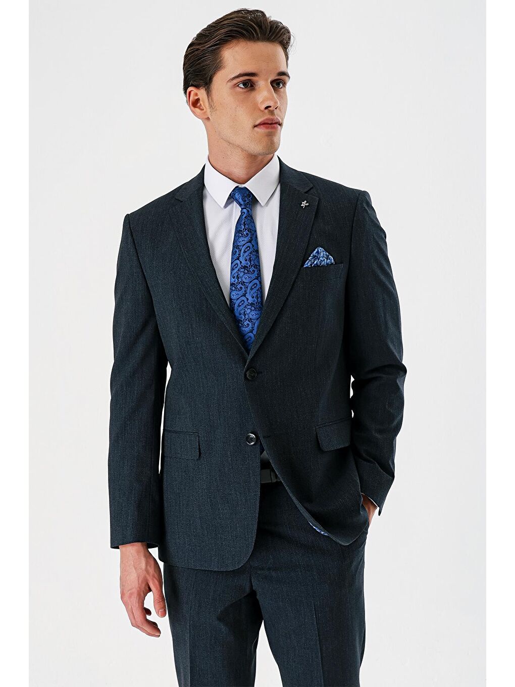 Koyu Lacivert Mono Yaka Elastanlı 6 Drop Comfort Fit Rahat Kesim Klasik Takım Elbise 1001240153-2