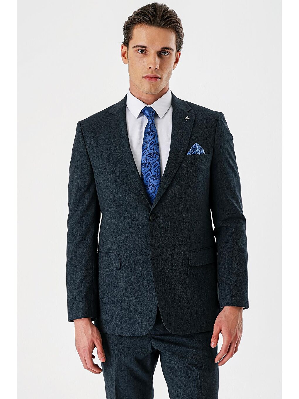 Koyu Lacivert Mono Yaka Elastanlı 6 Drop Comfort Fit Rahat Kesim Klasik Takım Elbise 1001240153-3