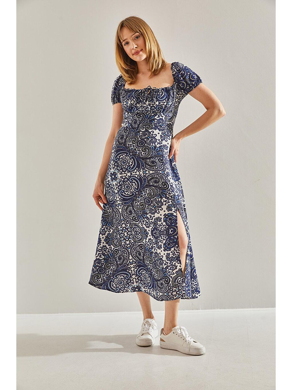 Mavi Kadın Bağlama Yakalı Yırtmaç Detaylı Gizli Fermuarlı Elbise-3