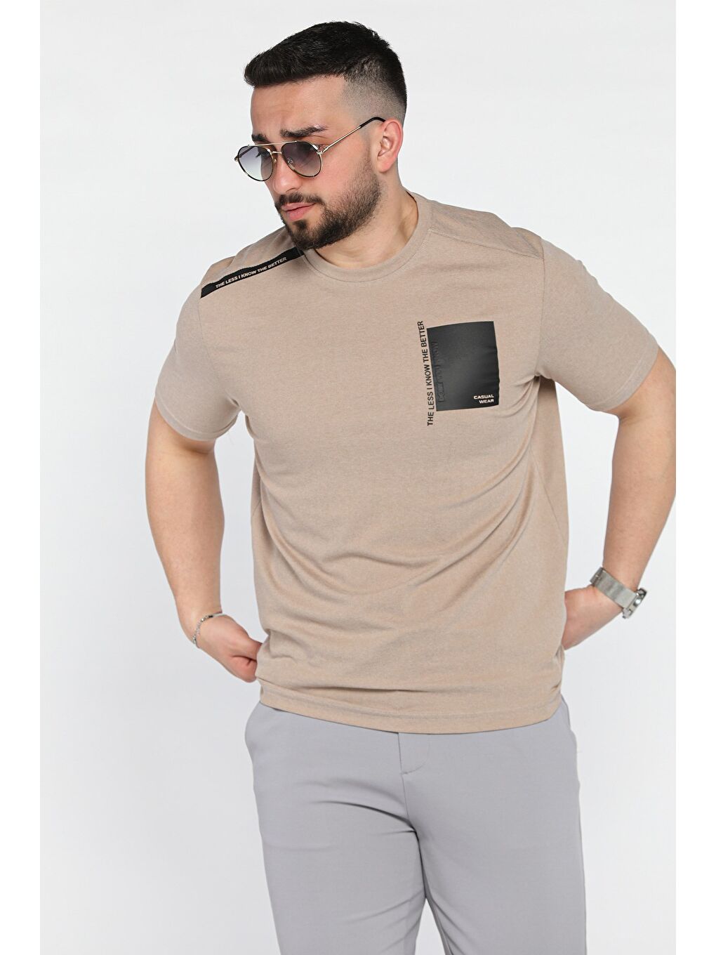 Bej Bisiklet Yaka Baskılı Erkek Tişört-1
