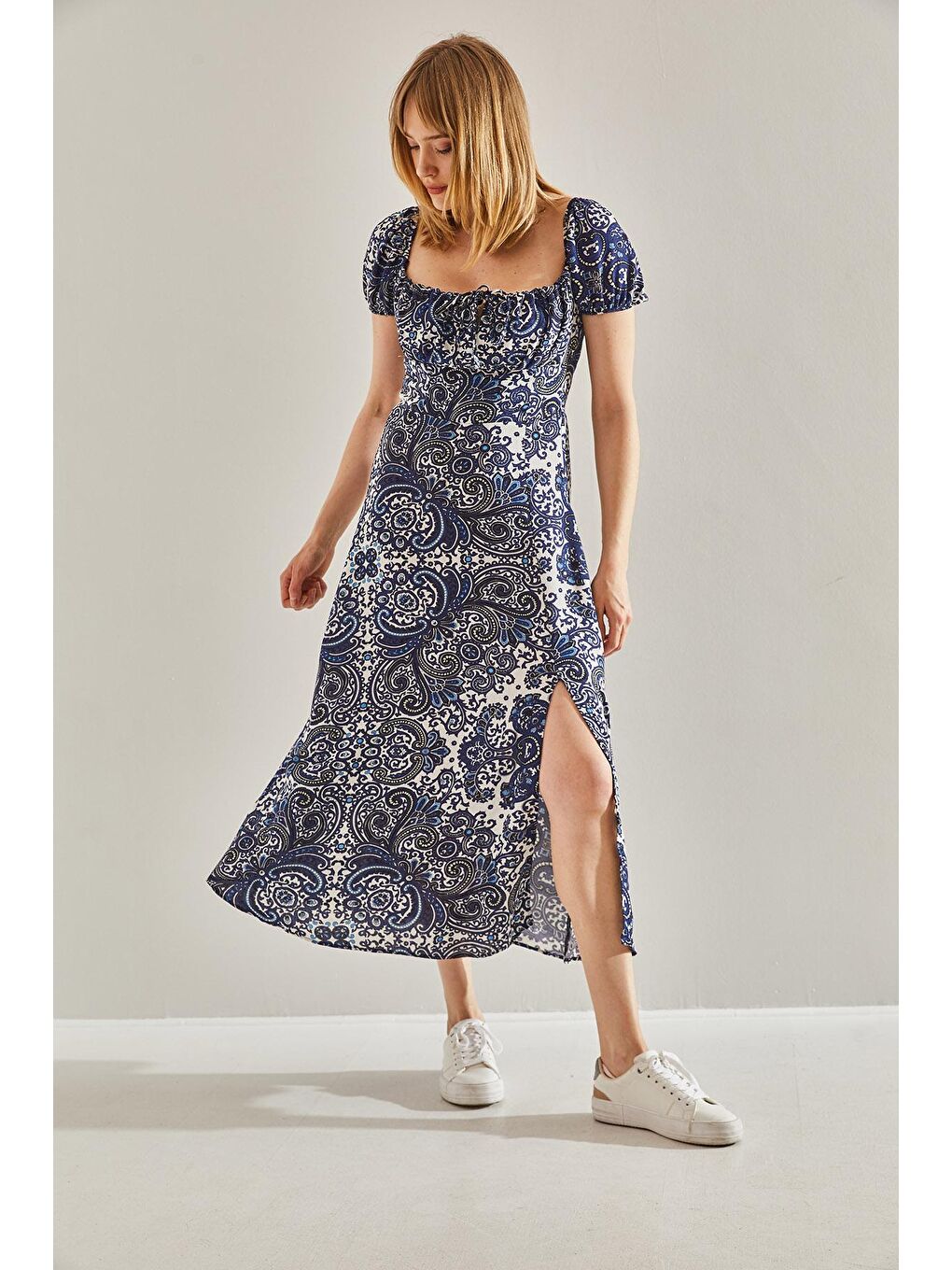 Mavi Kadın Bağlama Yakalı Yırtmaç Detaylı Gizli Fermuarlı Elbise-5