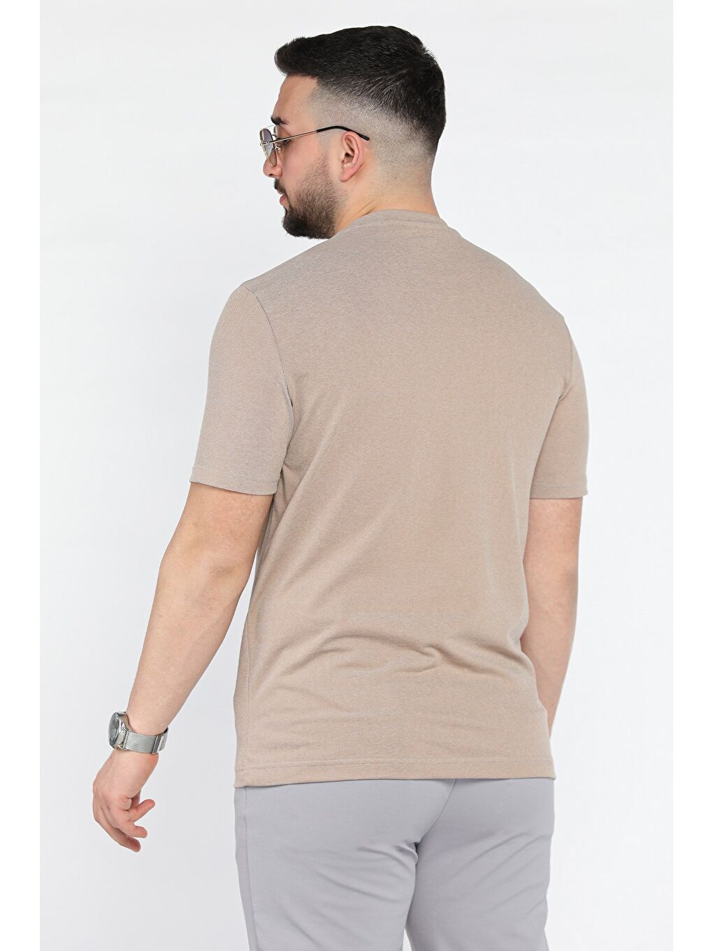 Bej Bisiklet Yaka Baskılı Erkek Tişört-2
